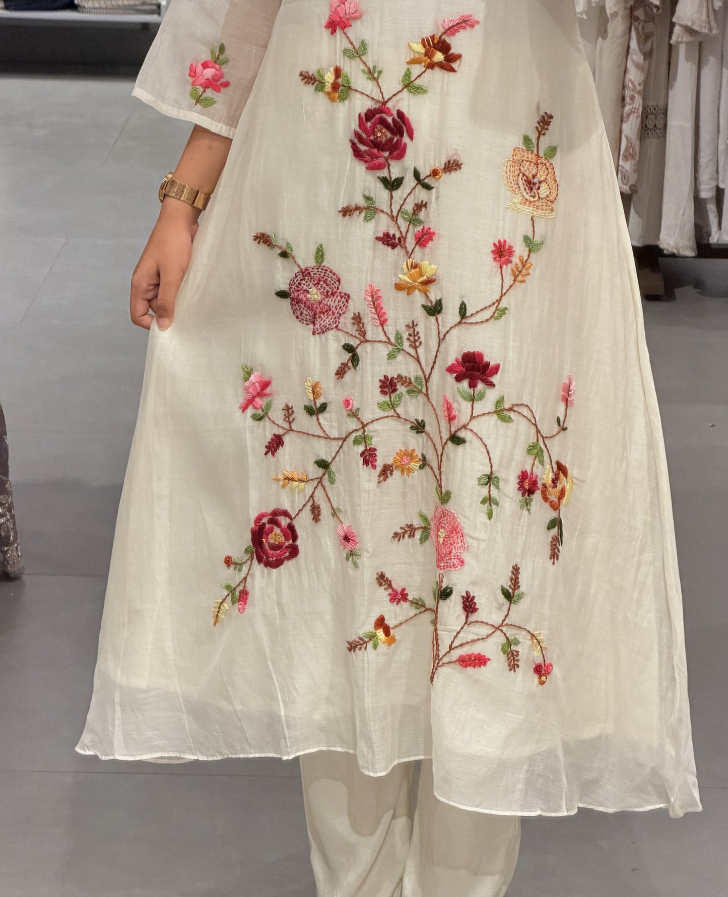 Ivory Floral-Embroidered Chanderi Suit Set