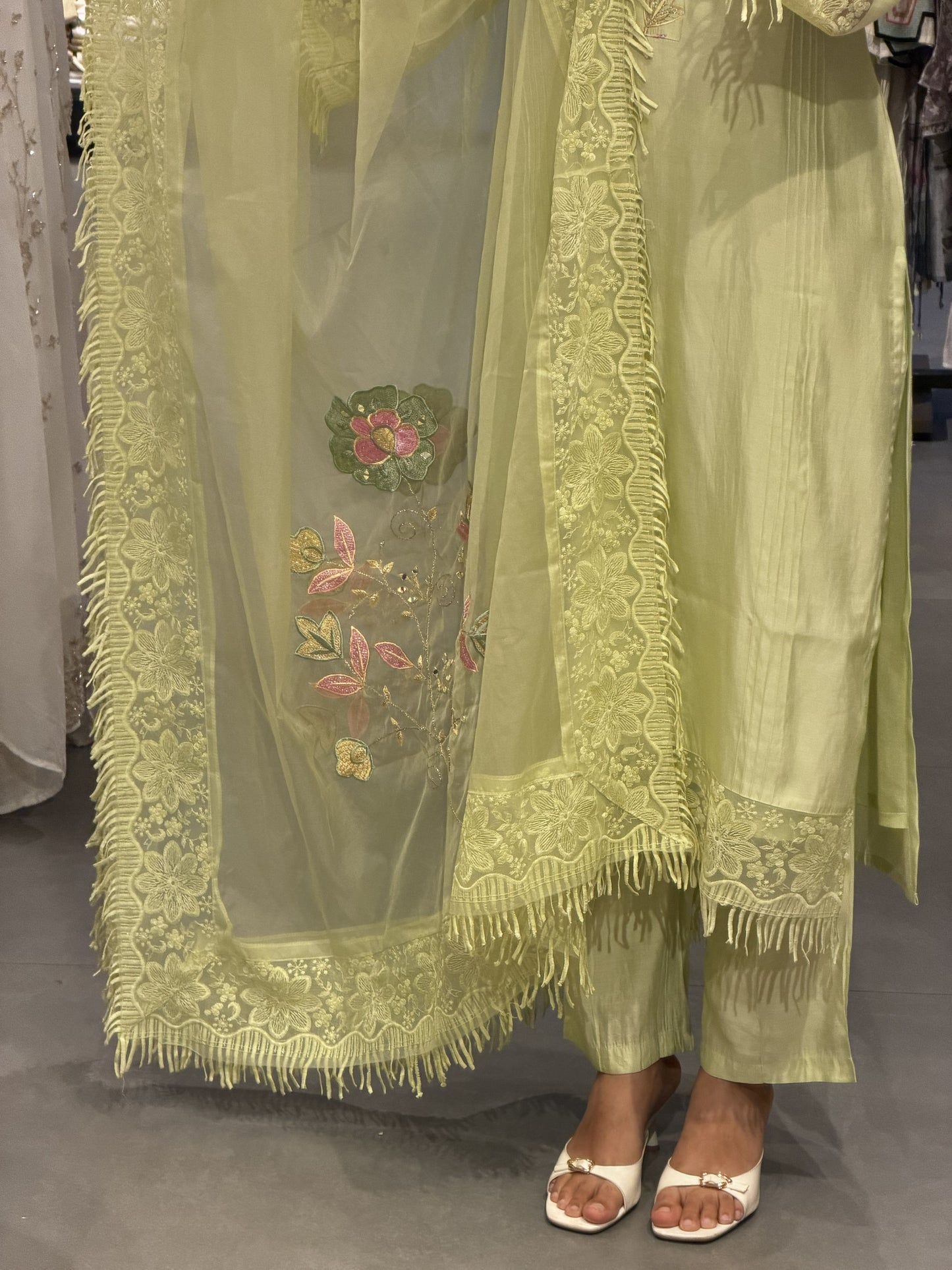 Pastel Green Chanderi Suit Set with Organza Shawl
