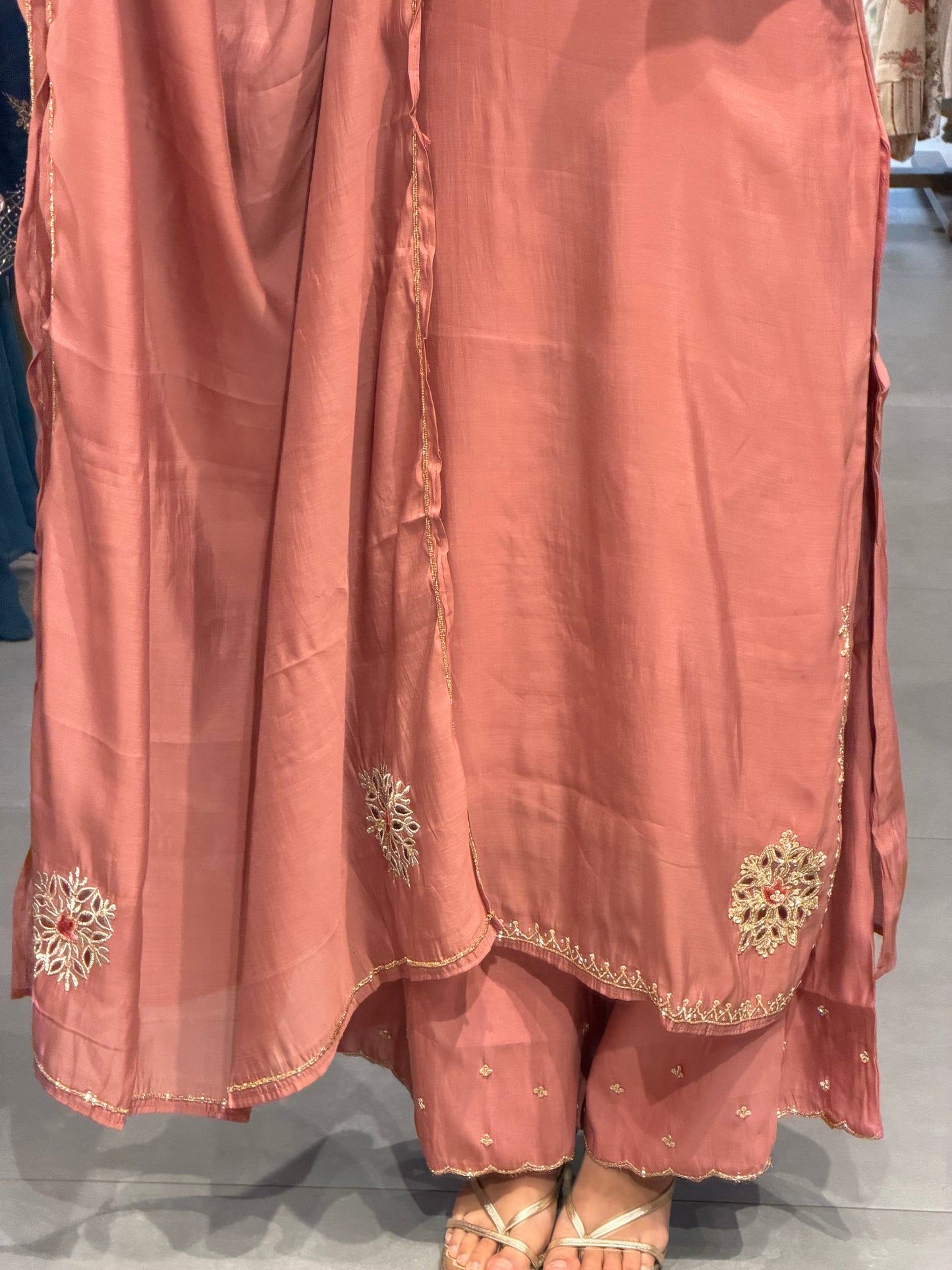 Peach Chanderi Silk Floral Embroidered Kurta Set