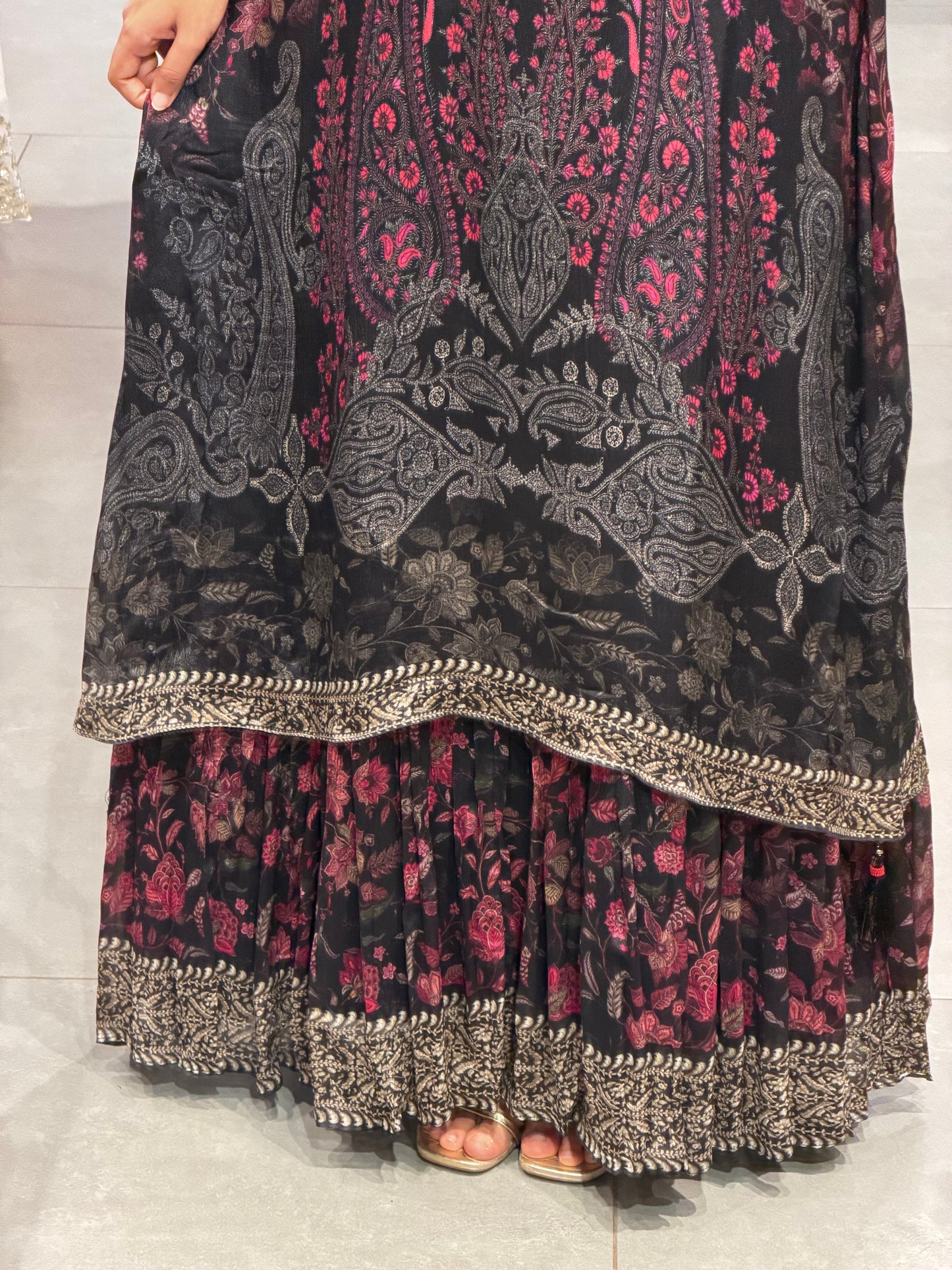 Black & Pink Floral Printed Chinnon gown