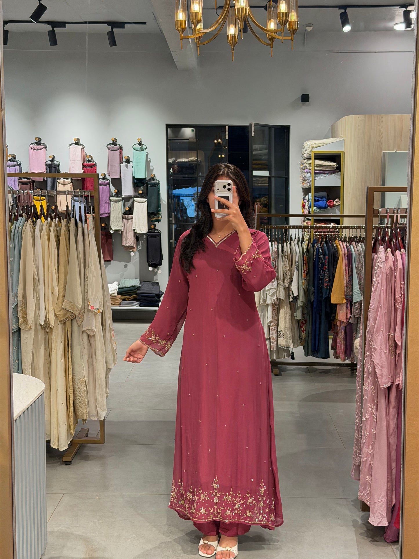 Rain Pink Embroidered Chiffon Anarkali Set