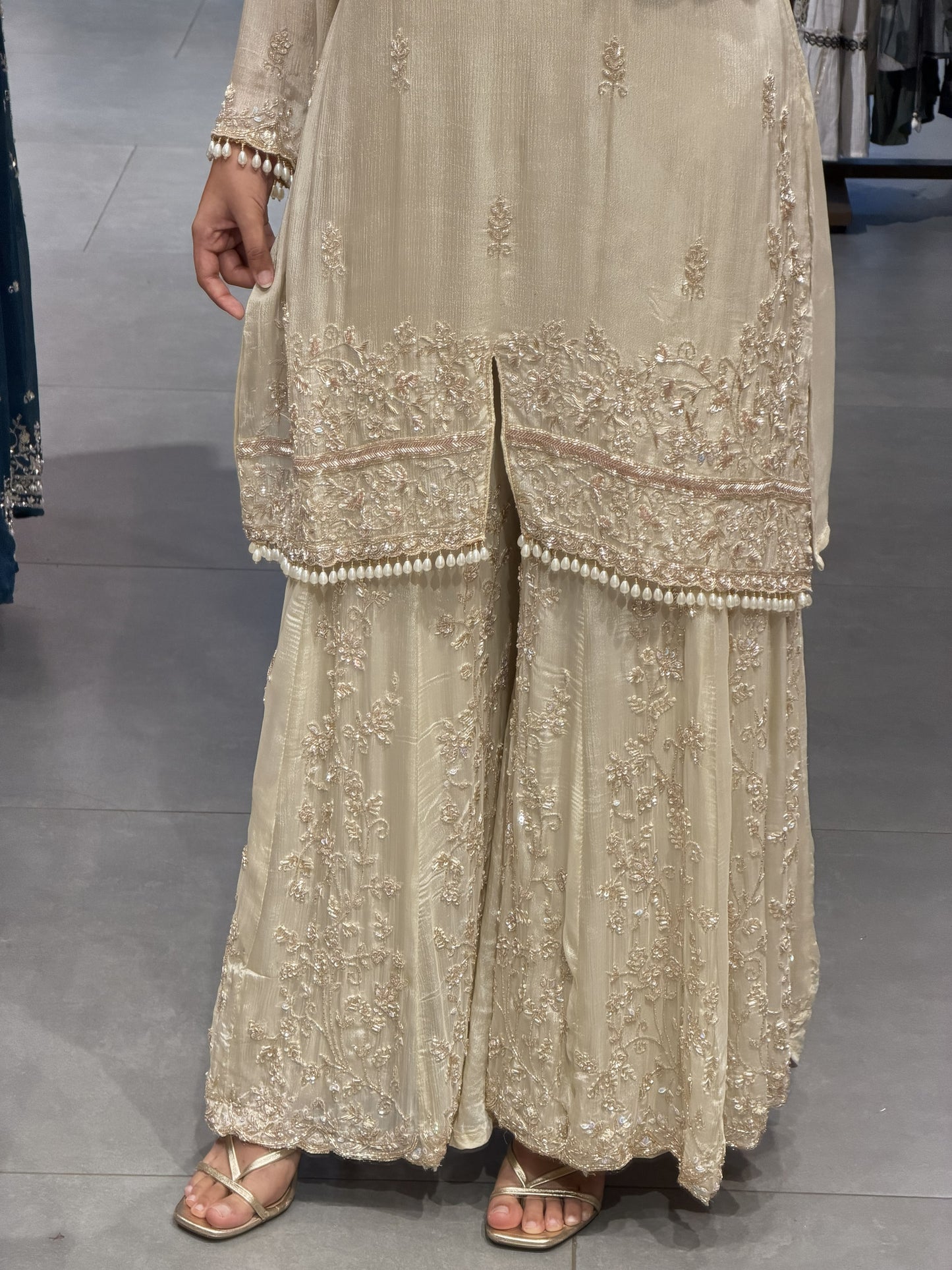 Chinnon Silk Pearl Work Sharara Set with Dupatta