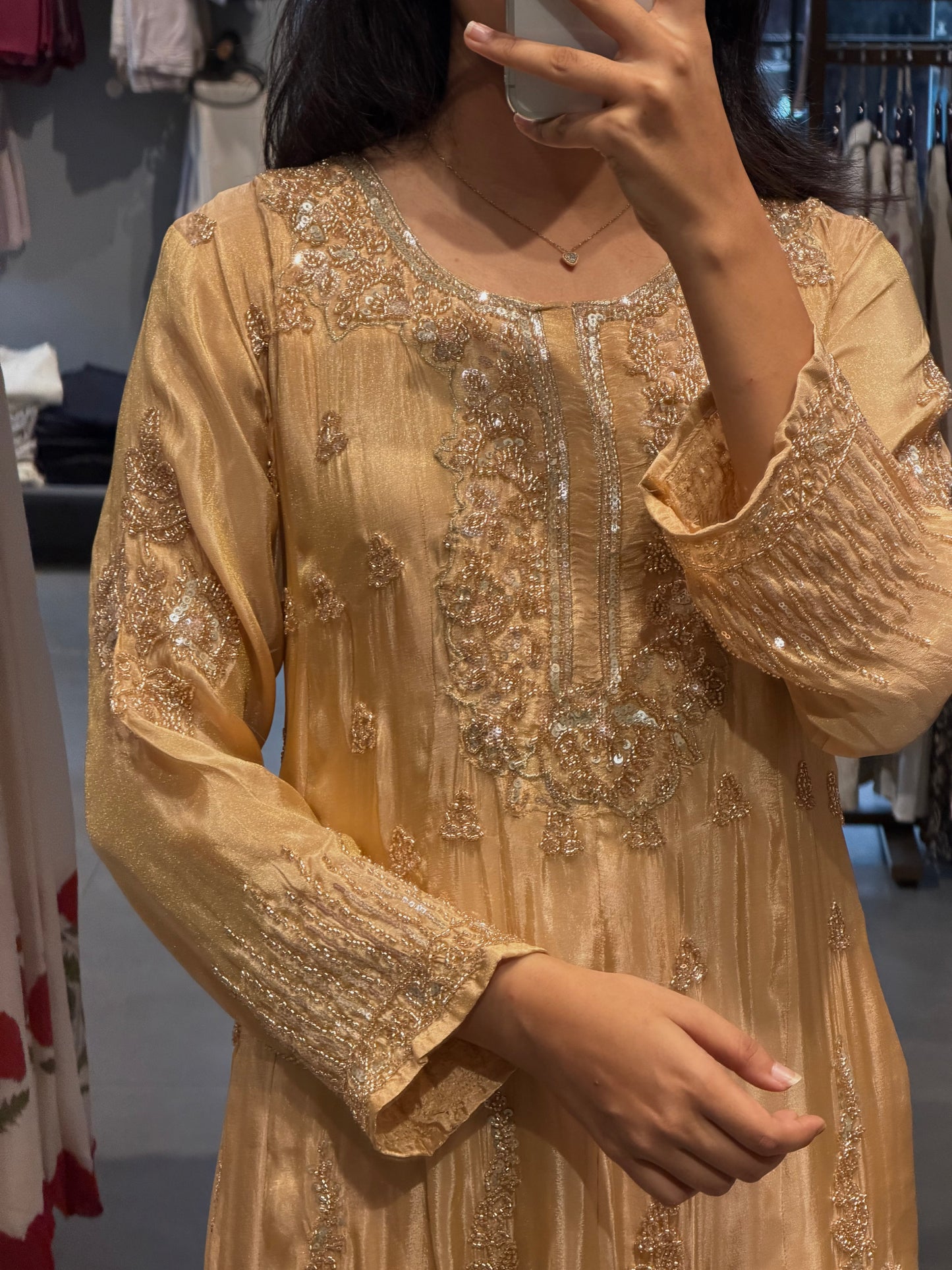 Golden Peach Tissue Silk Anarkali
