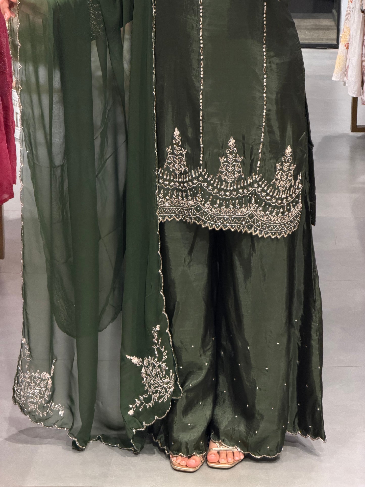 Deep Olive Green Uppada Silk Embroidered Sharara Set