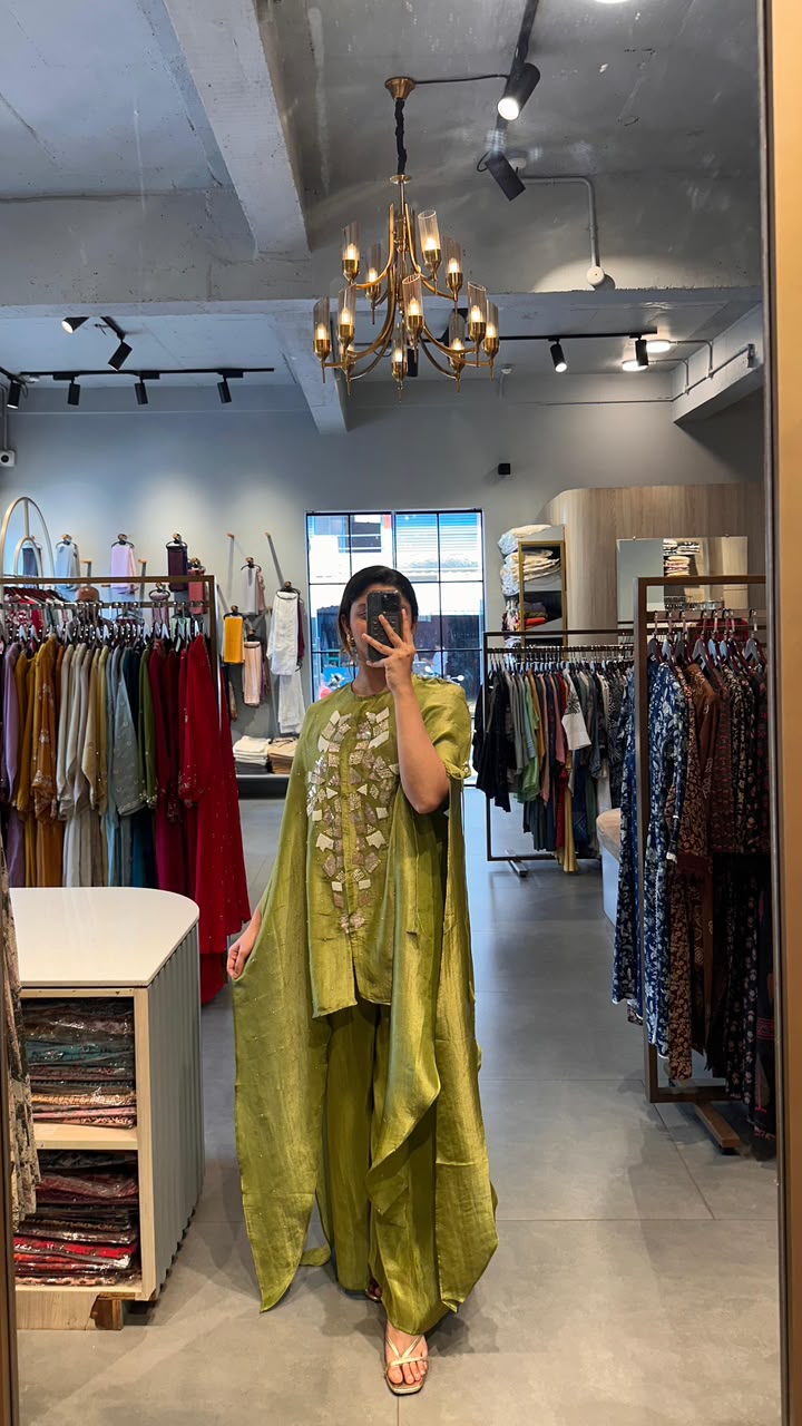 Olive green Tissue silk Kaftan Set
