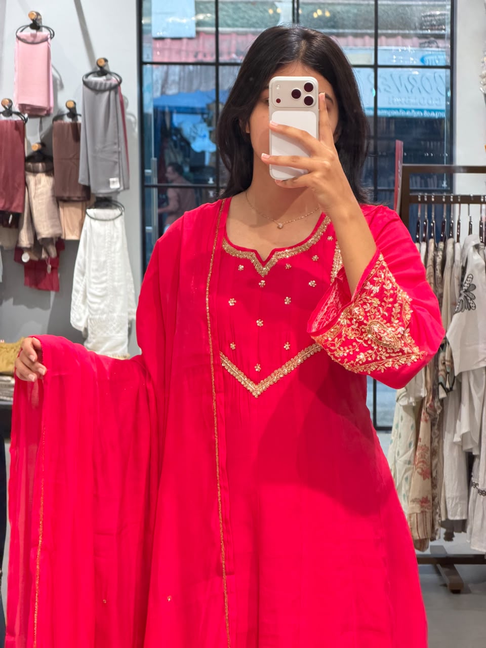 Rani Pink Chanderi Silk Anarkali Set