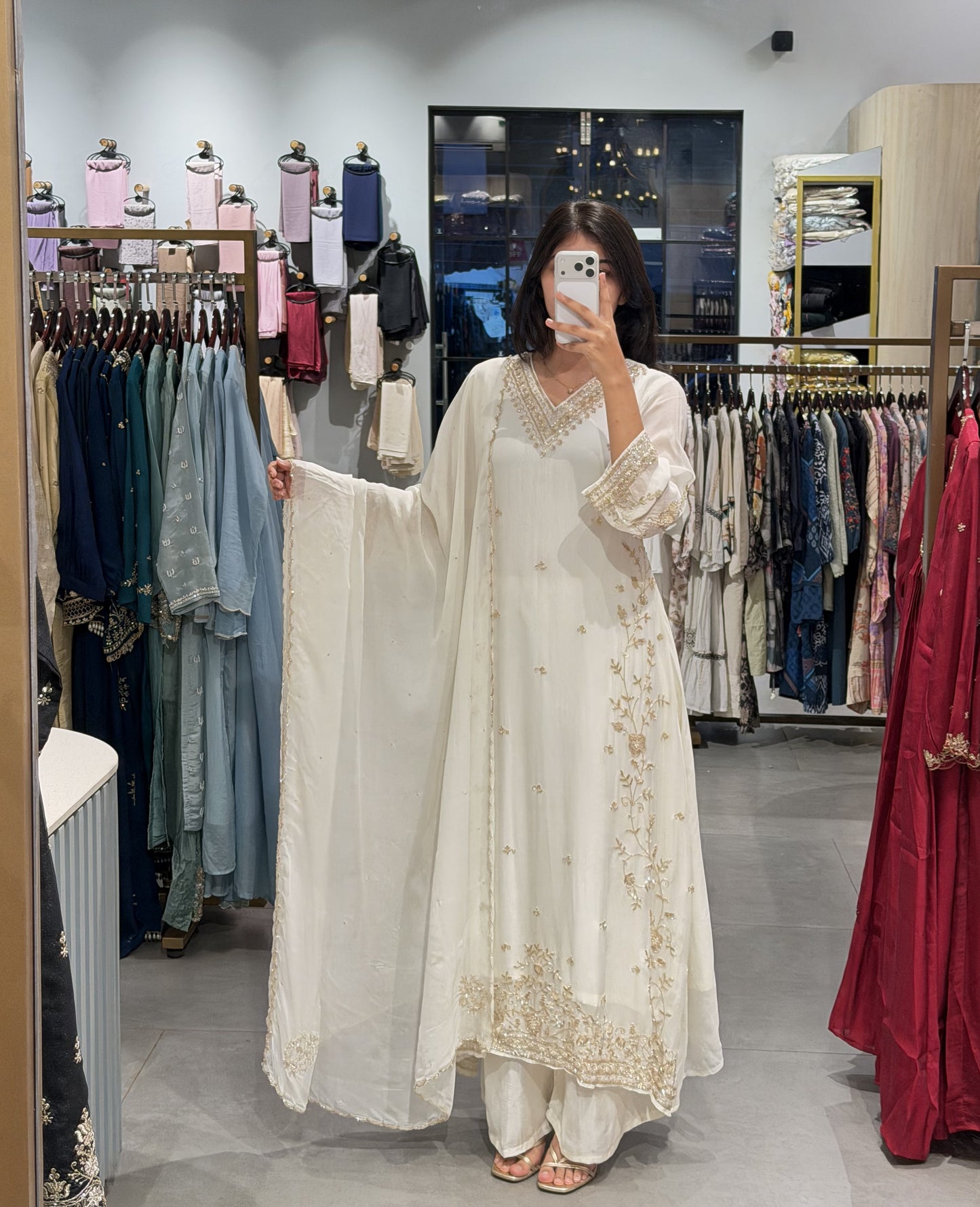 White & Navy Organza Anarkali