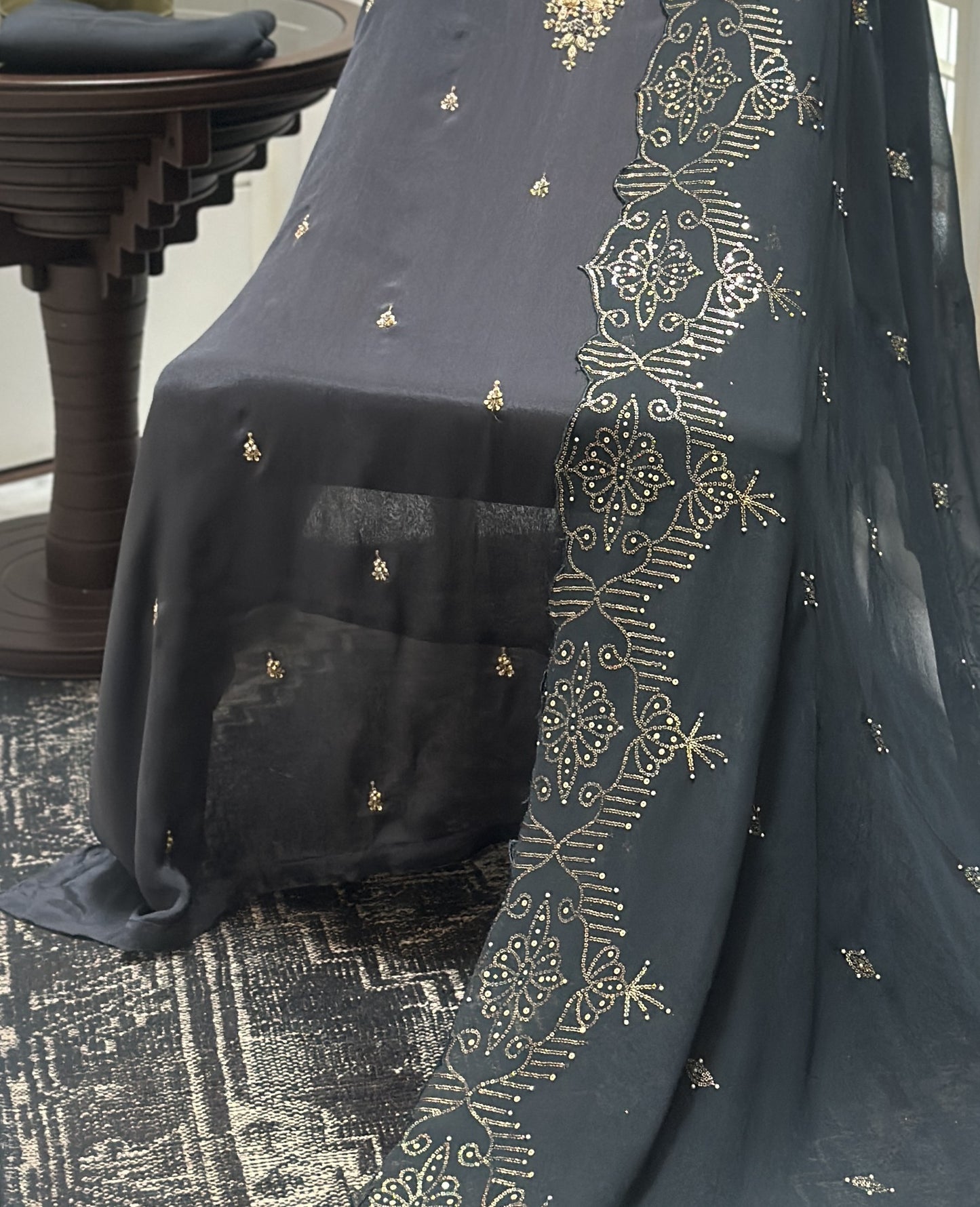 Charcoal Organza Unstitched Suit Material