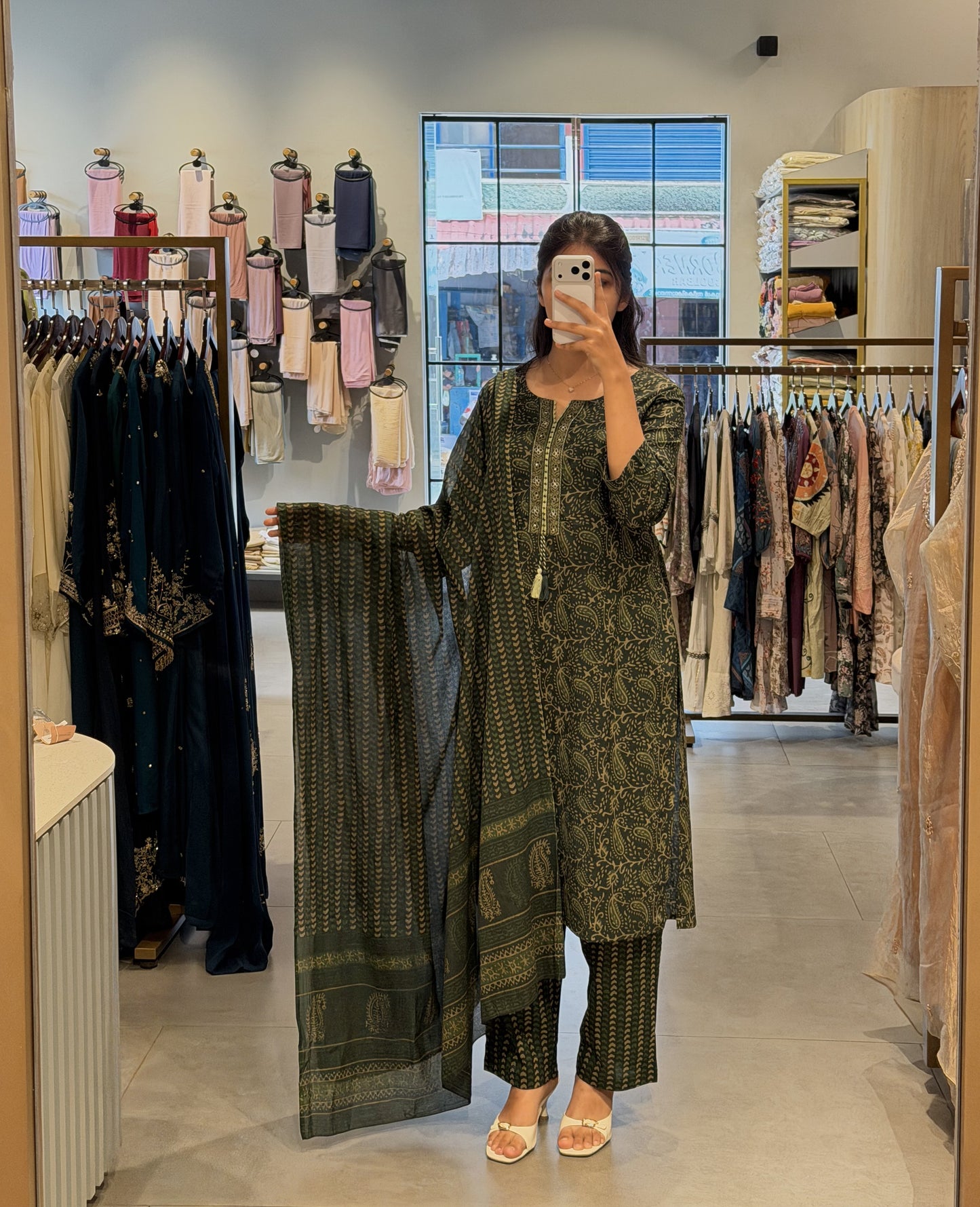 Forest-Green Block-Print Cotton Kurta Set