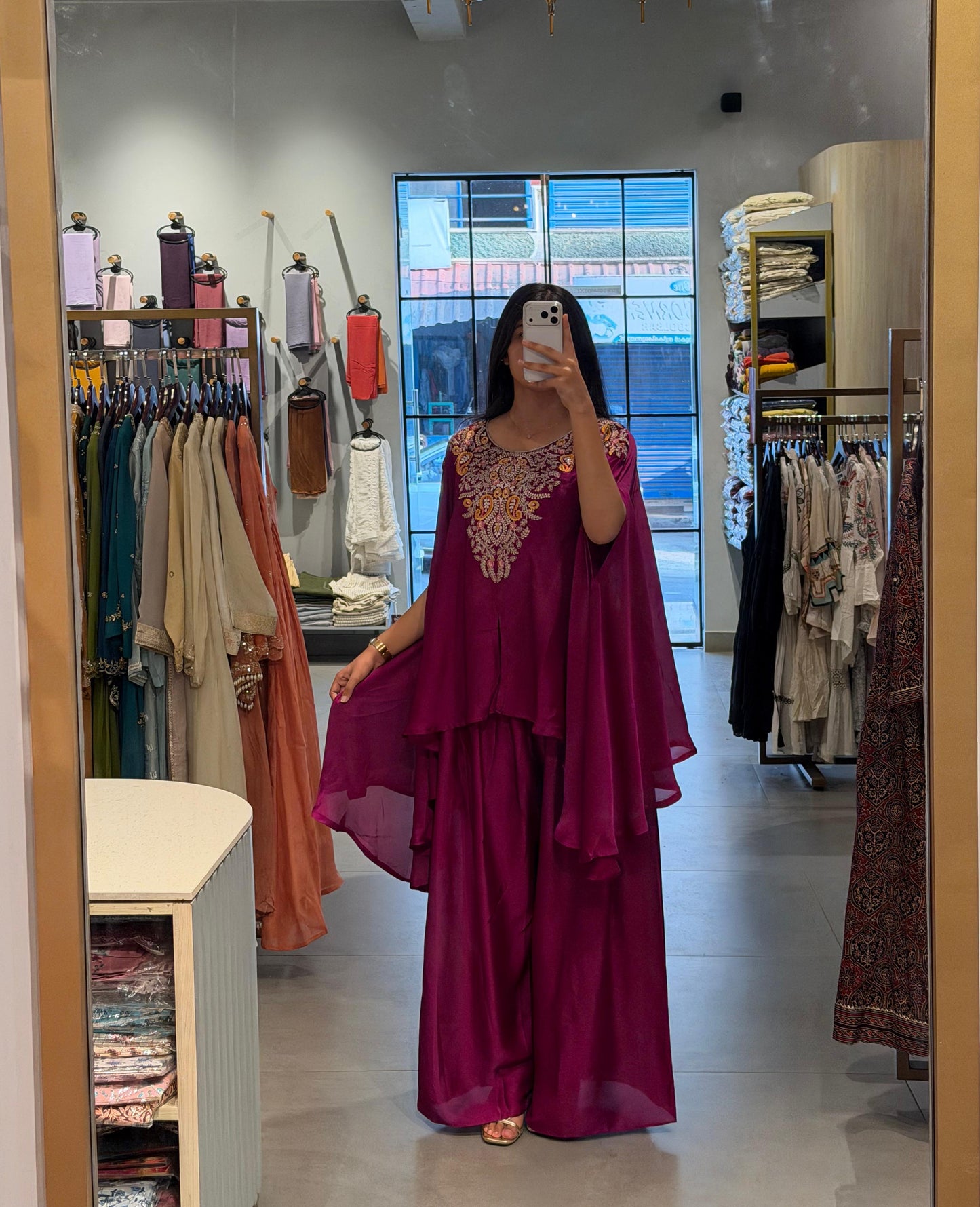 Magenta Embroidered Upada Silk Kaftan Set