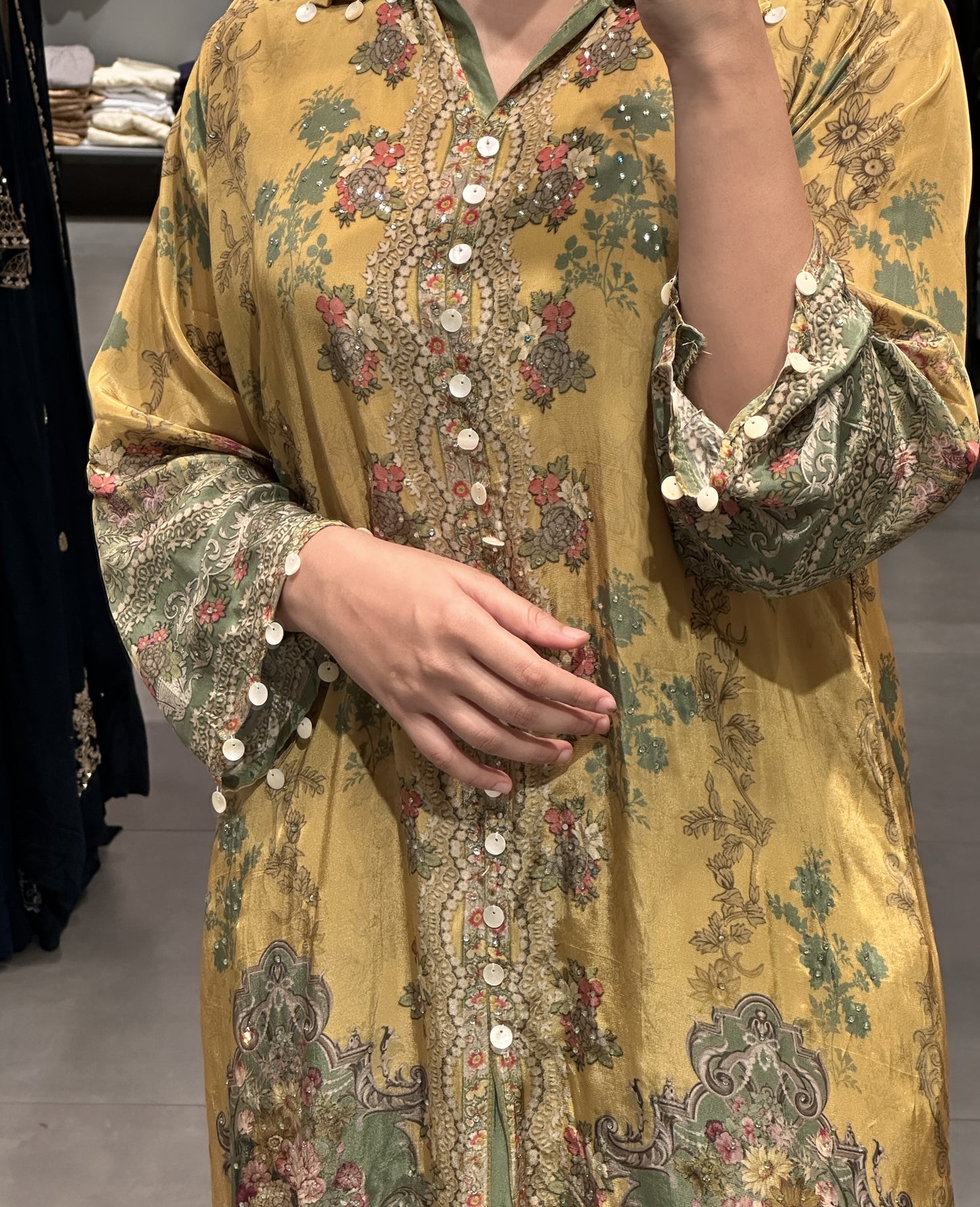 Mustard Floral Crape Silk Co-ord Set