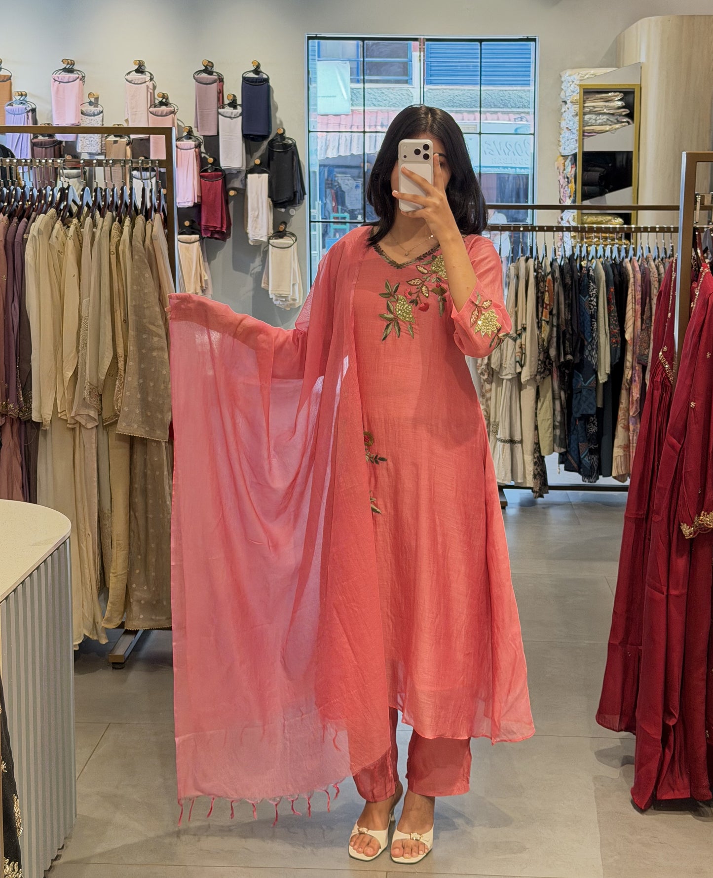 Coral Chanderi Suit Set with Zardosi Bloom