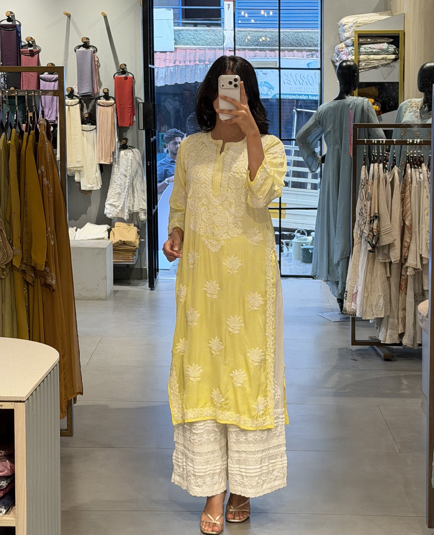 Lemon Chikankari Silk Kurta Set