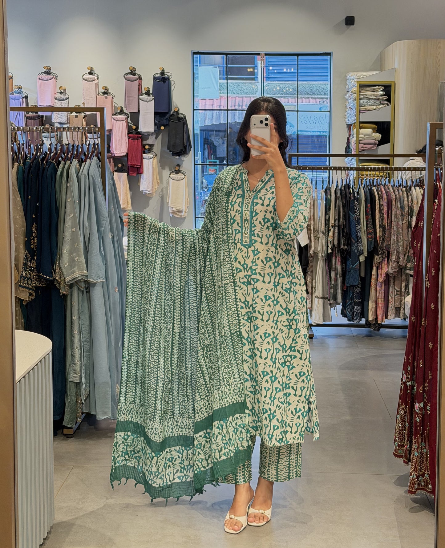 Sea-Green Block-Print Mul Cotton Suit Set