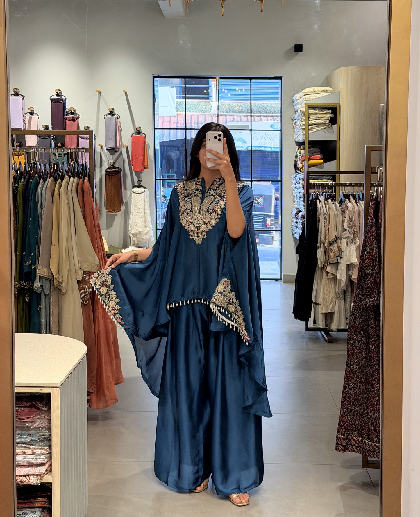 Teal Embroidered Upada Silk Kaftan Set