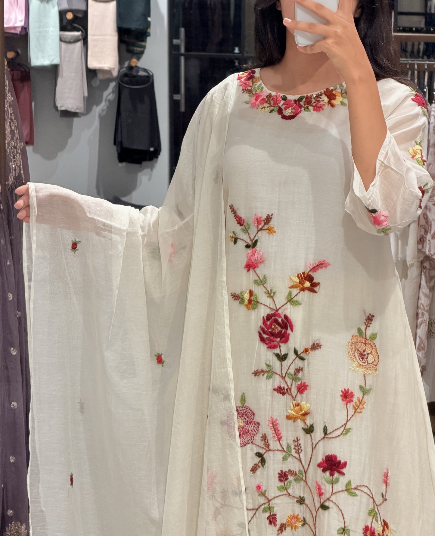 Ivory Floral-Embroidered Chanderi Suit Set