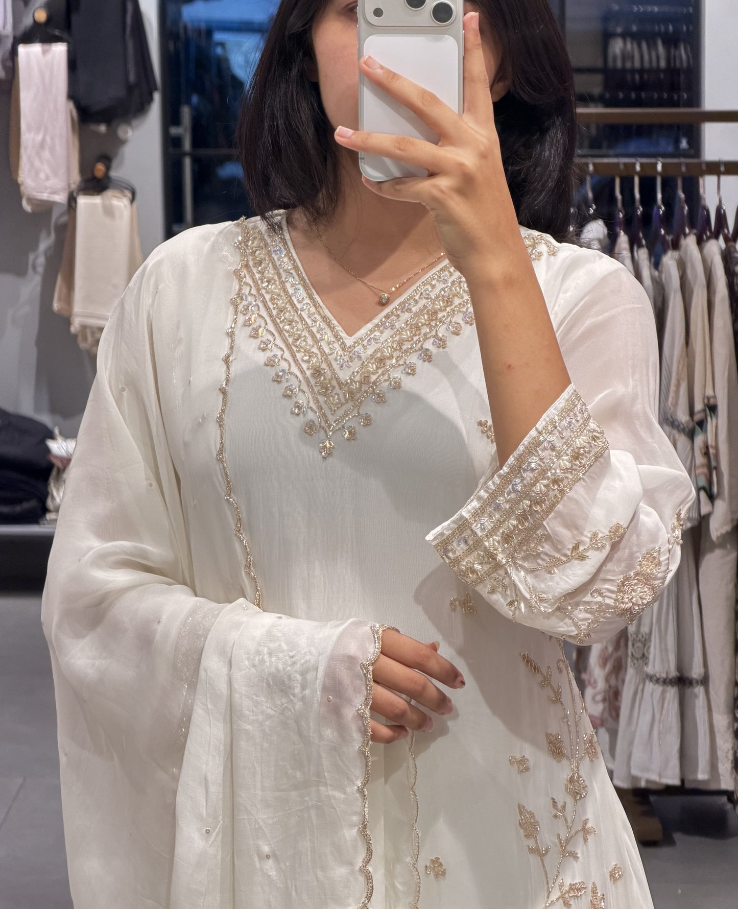 White & Navy Organza Anarkali