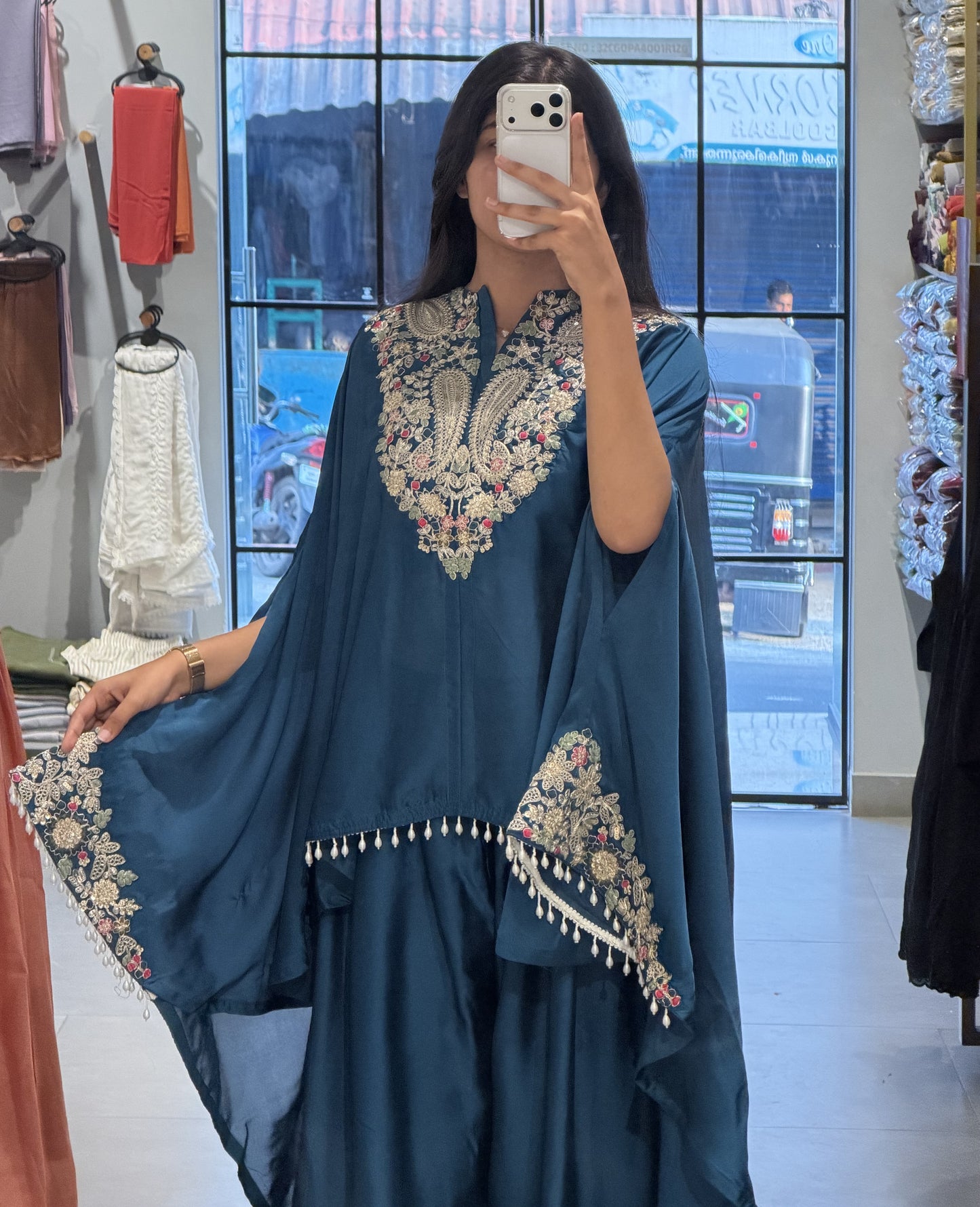 Teal Embroidered Upada Silk Kaftan Set
