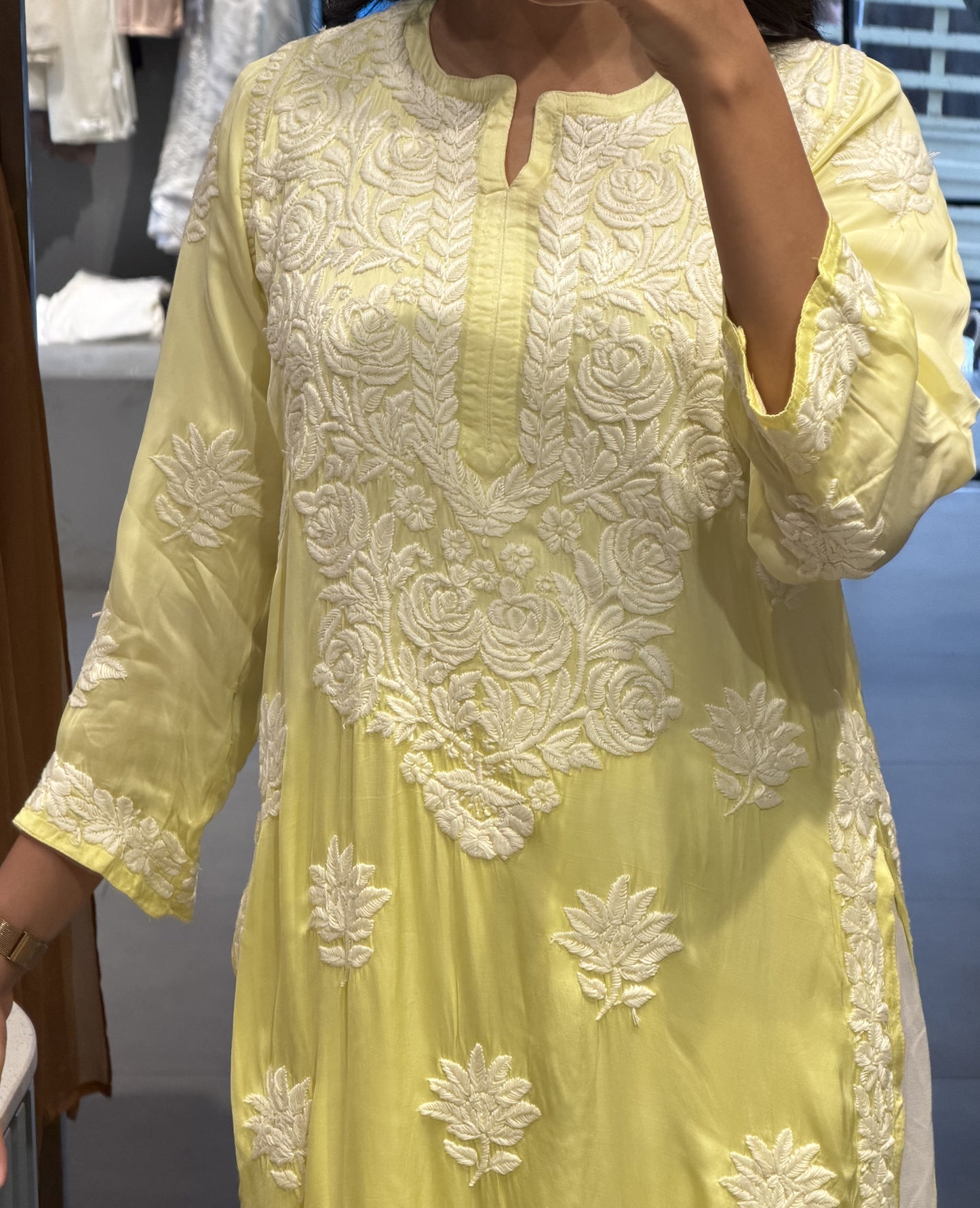 Lemon Chikankari Silk Kurta Set