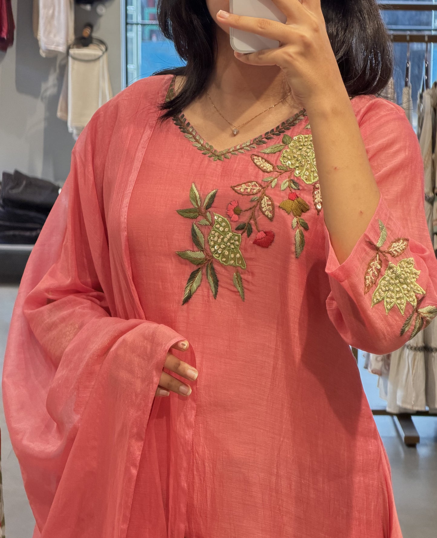 Coral Chanderi Suit Set with Zardosi Bloom