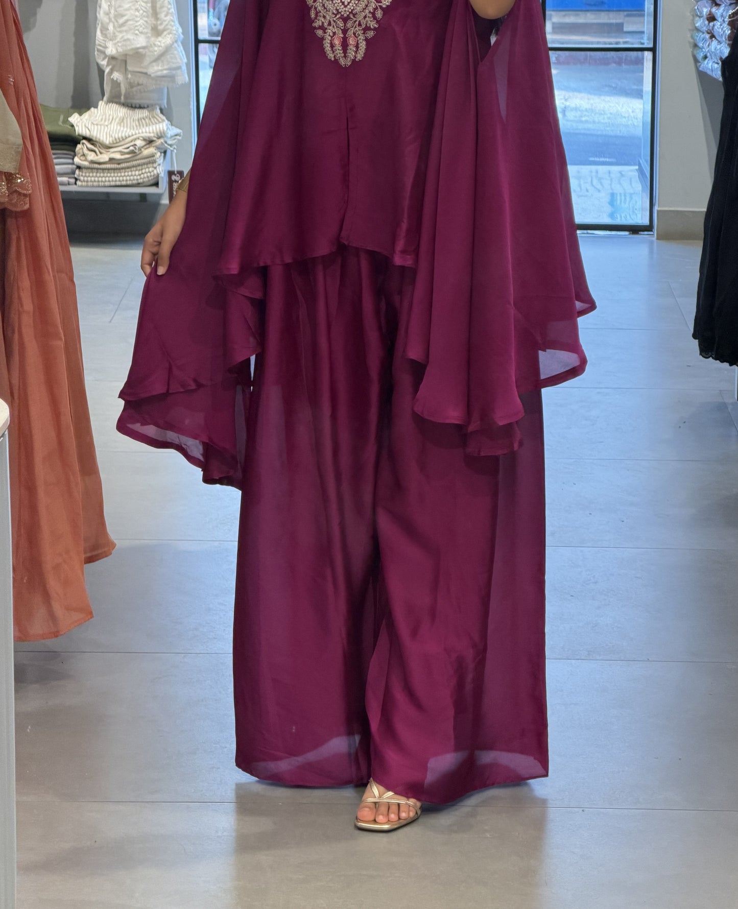 Magenta Embroidered Upada Silk Kaftan Set