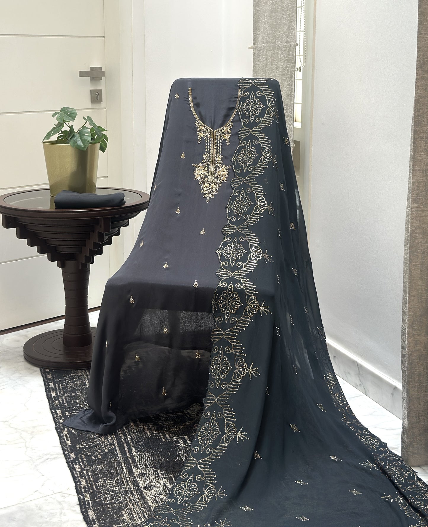 Charcoal Organza Unstitched Suit Material