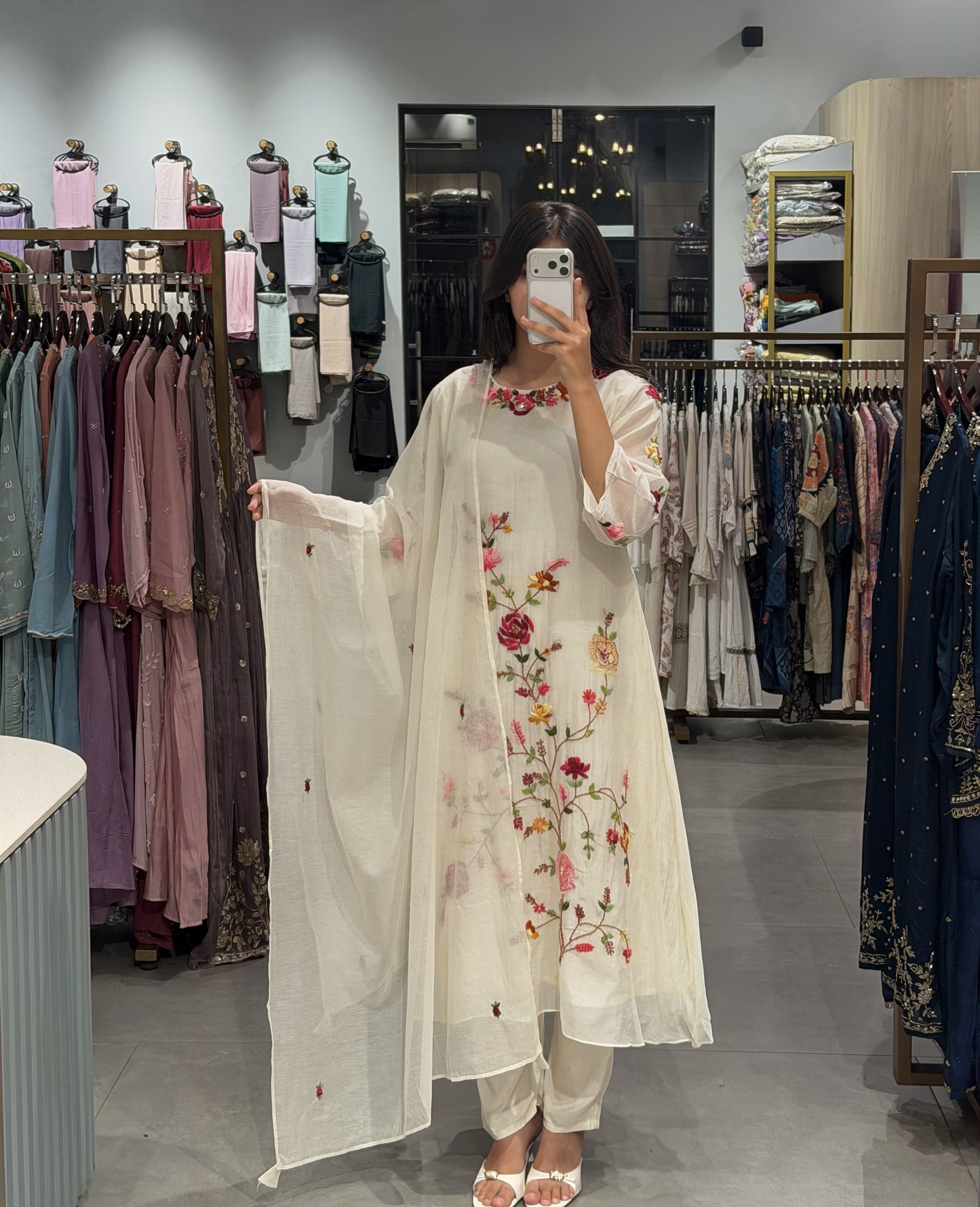 Ivory Floral-Embroidered Chanderi Suit Set
