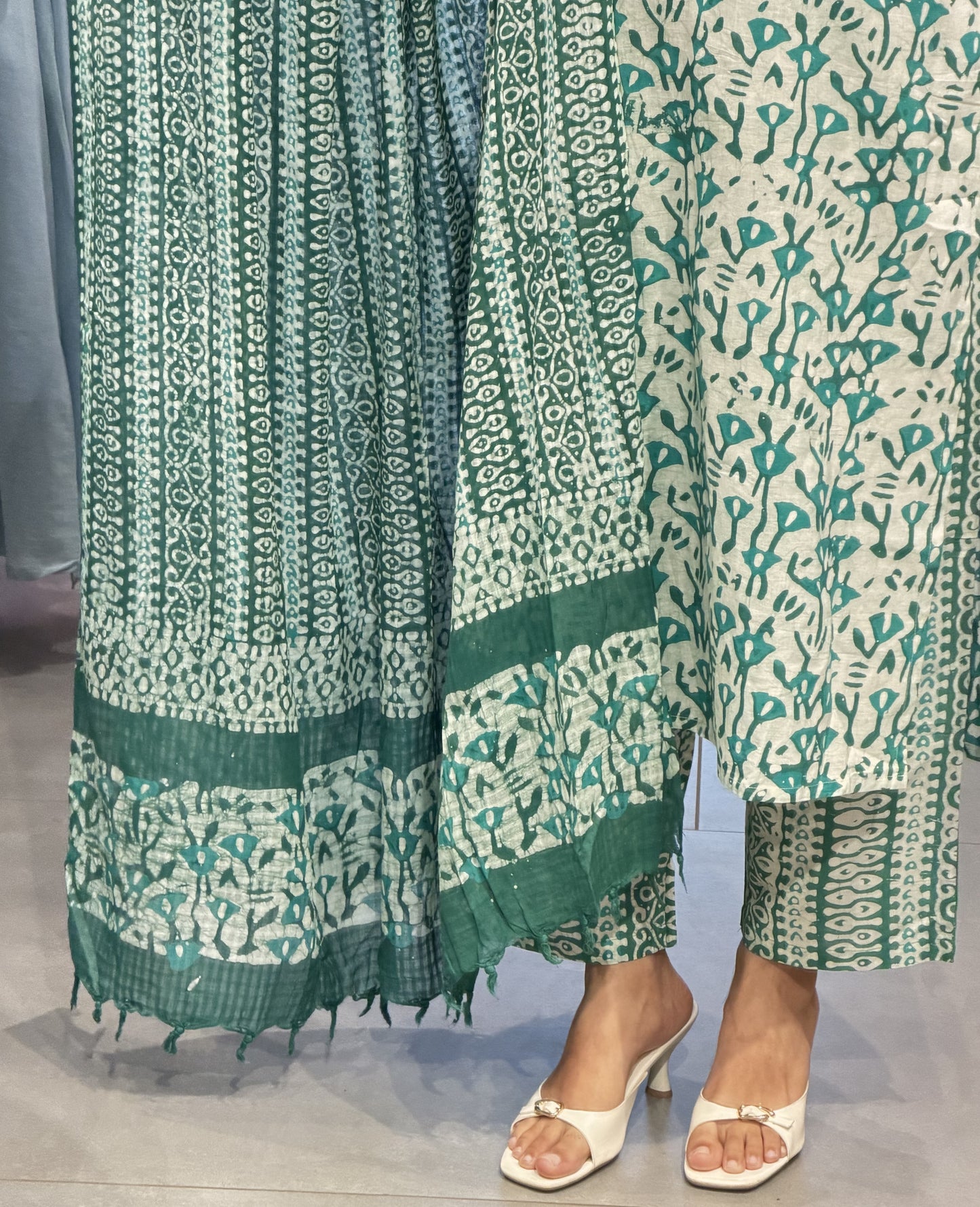 Sea-Green Block-Print Mul Cotton Suit Set