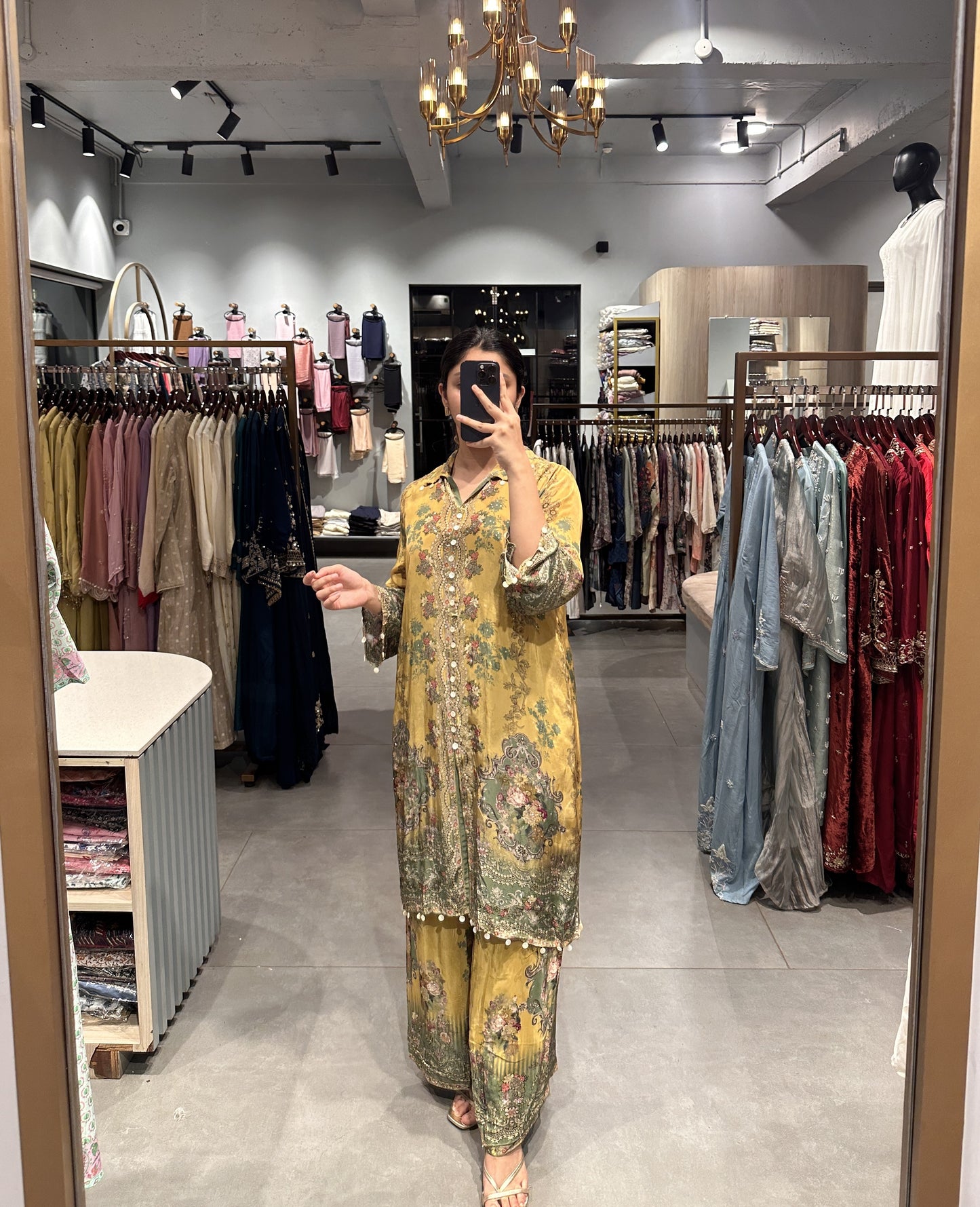 Mustard Floral Crape Silk Co-ord Set