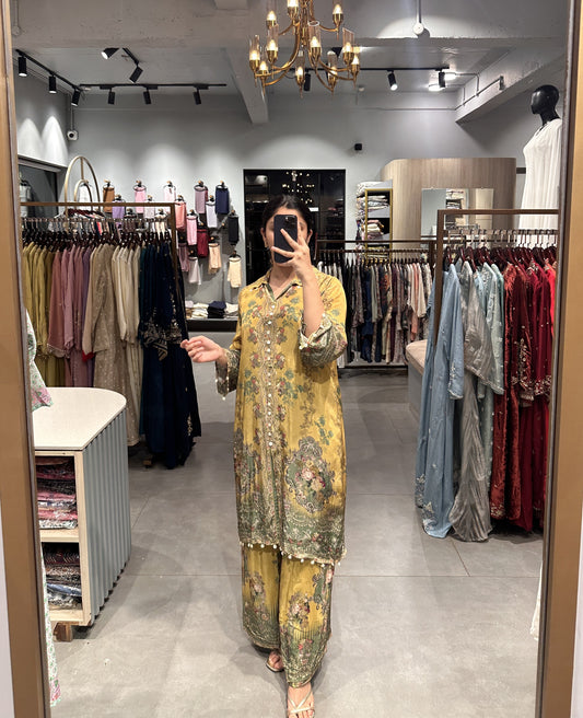 Mustard Floral Crape Silk Co-ord Set