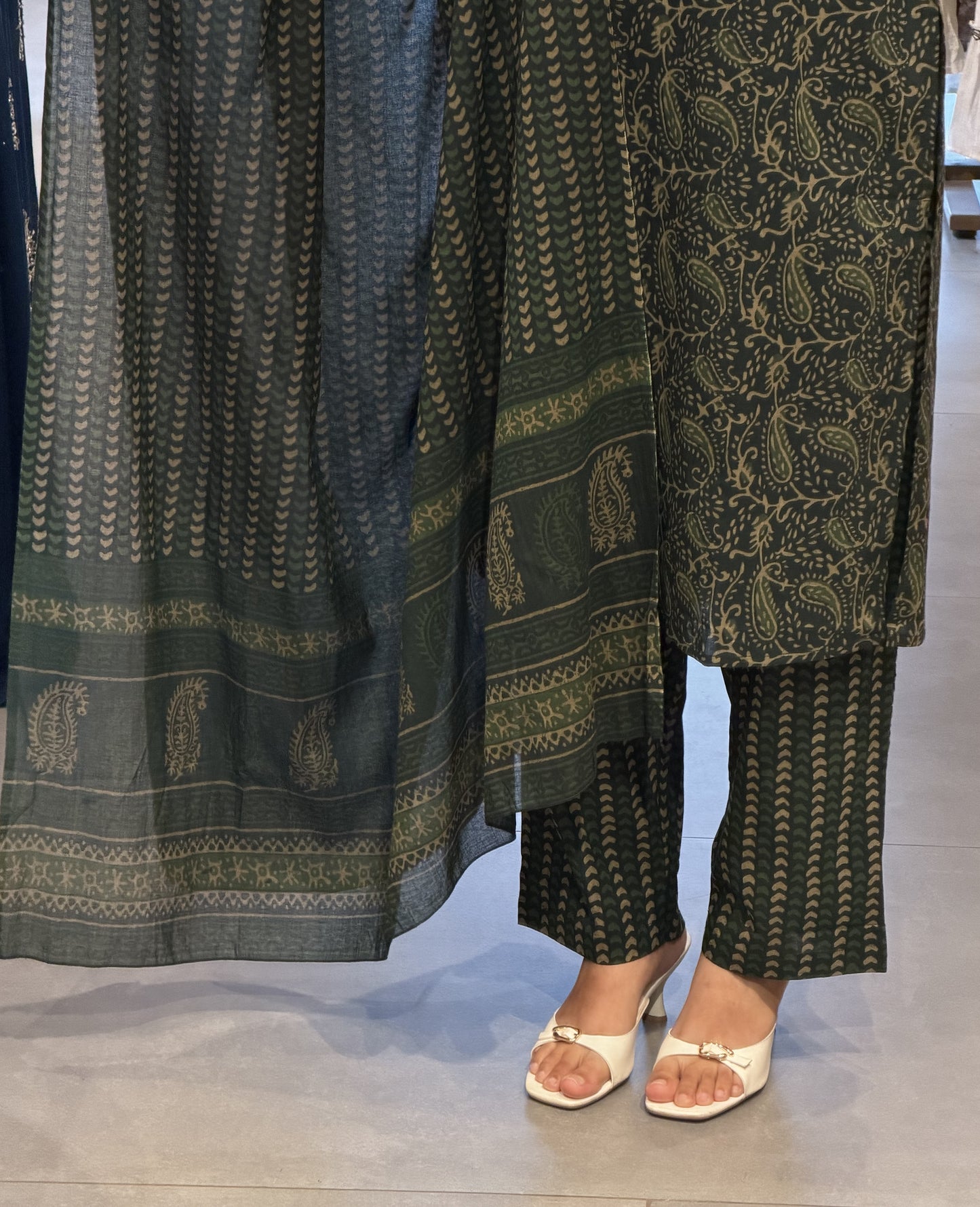 Forest-Green Block-Print Cotton Kurta Set