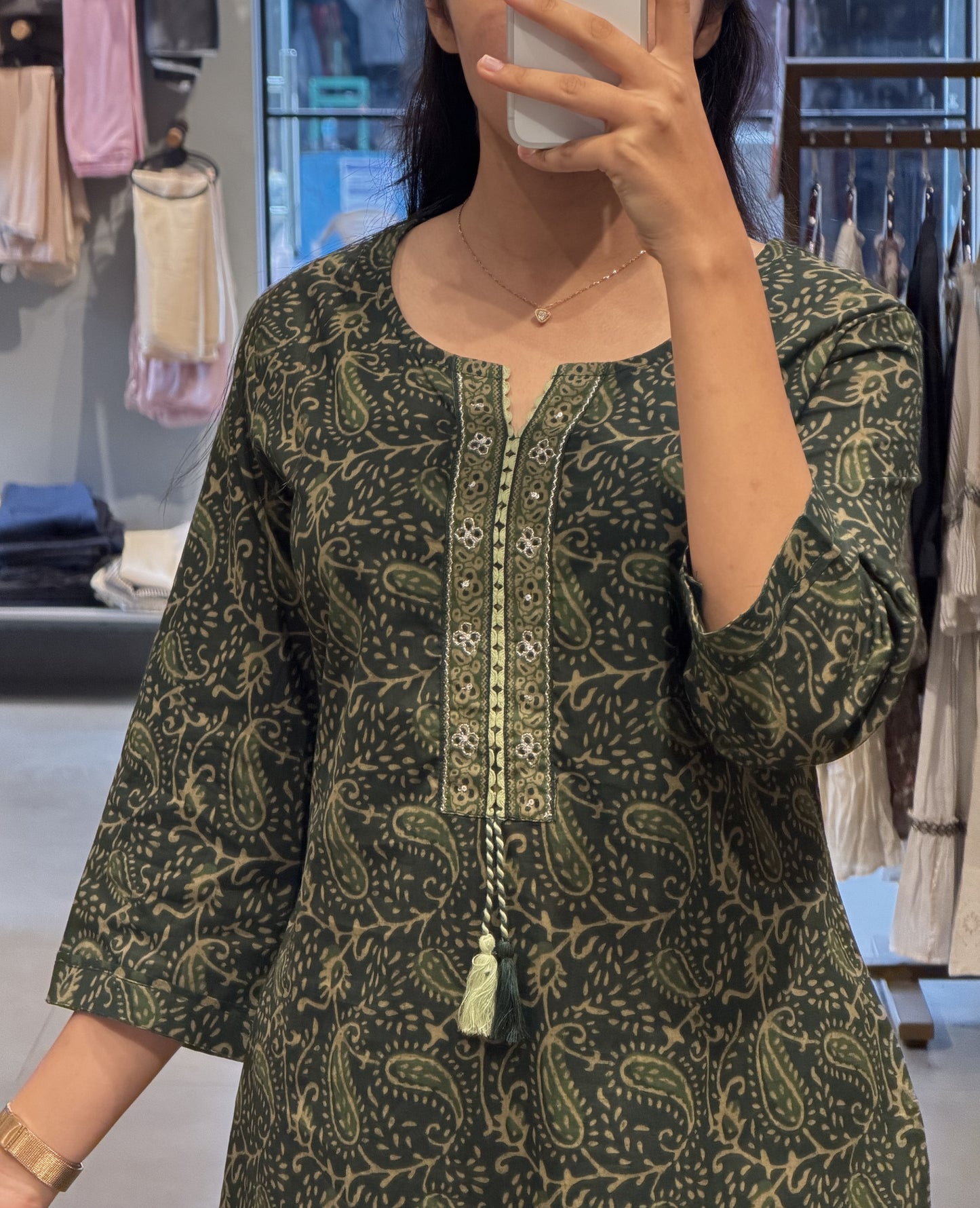Forest-Green Block-Print Cotton Kurta Set