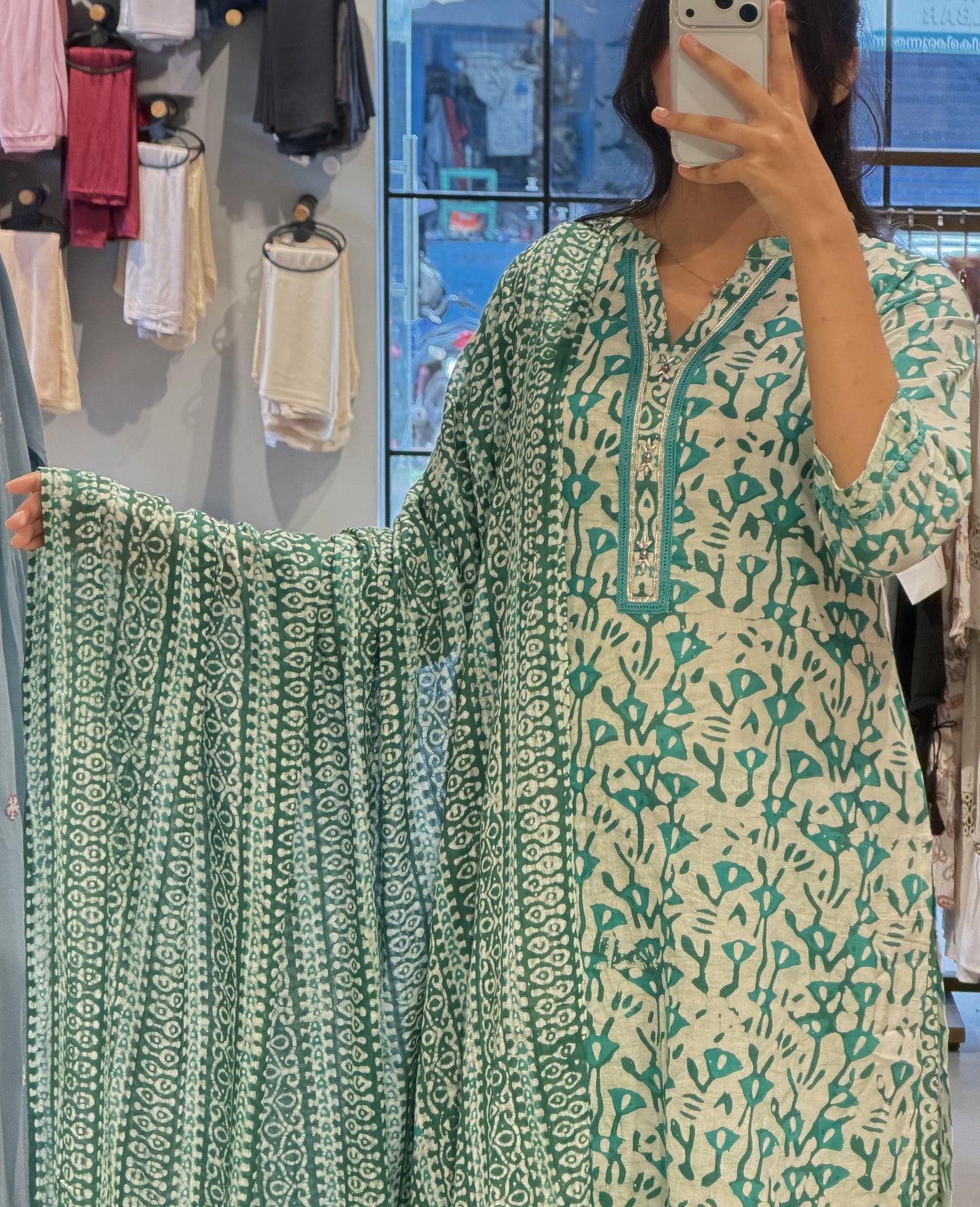 Sea-Green Block-Print Mul Cotton Suit Set