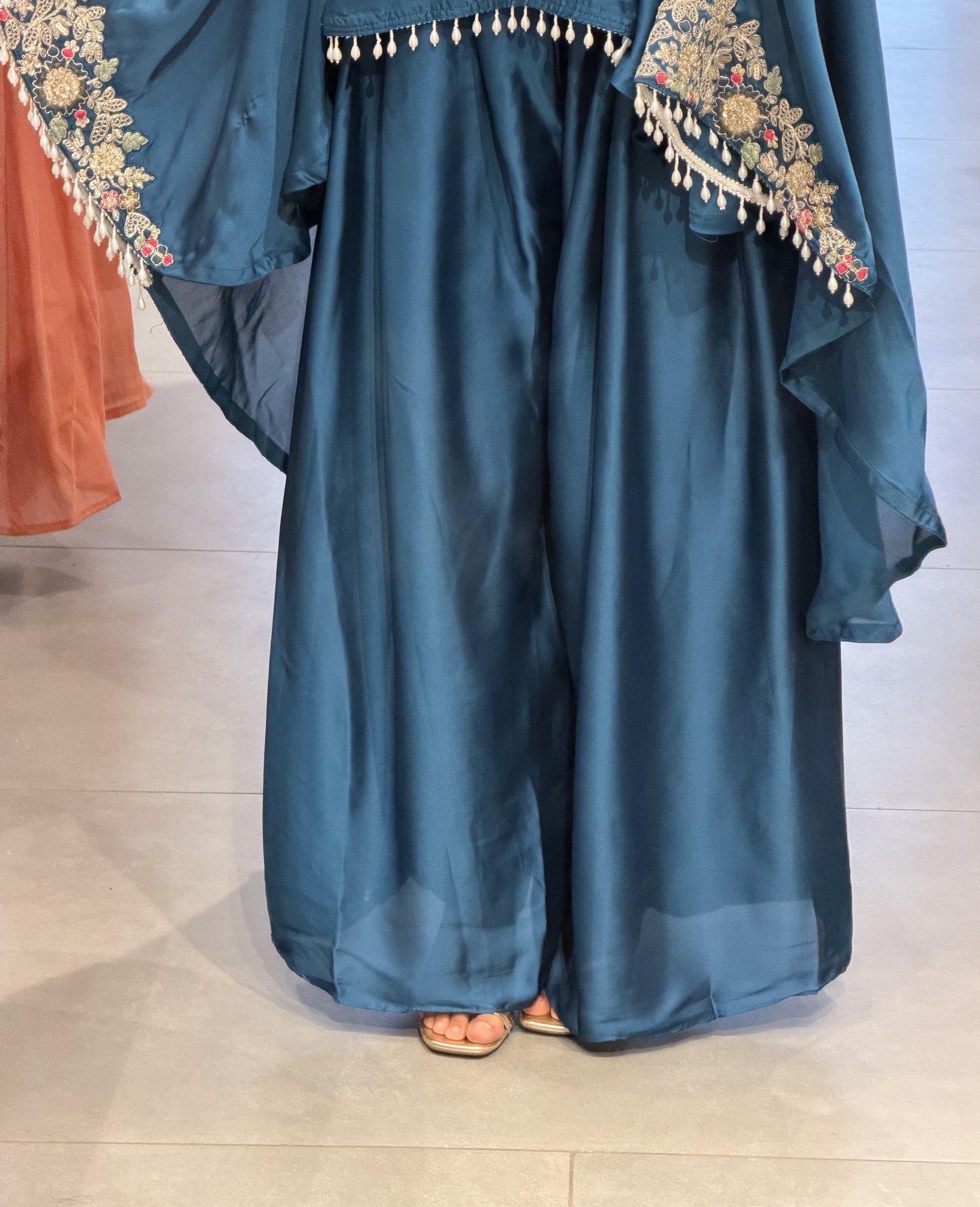 Teal Embroidered Upada Silk Kaftan Set