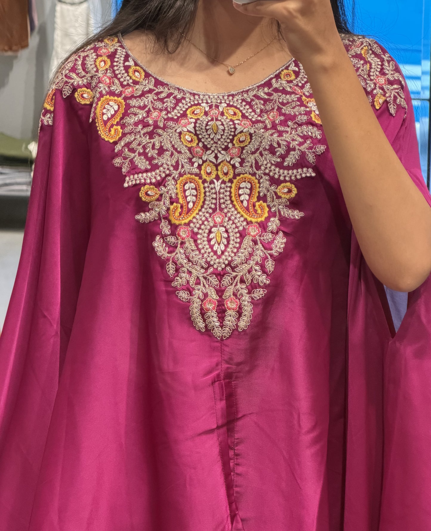 Magenta Embroidered Upada Silk Kaftan Set