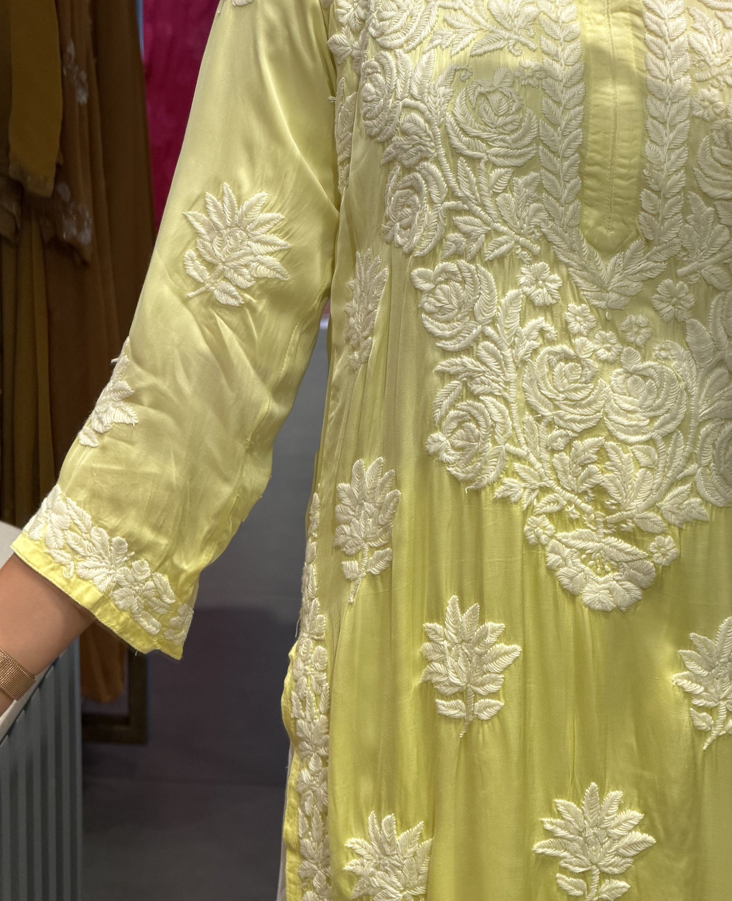 Lemon Chikankari Silk Kurta Set