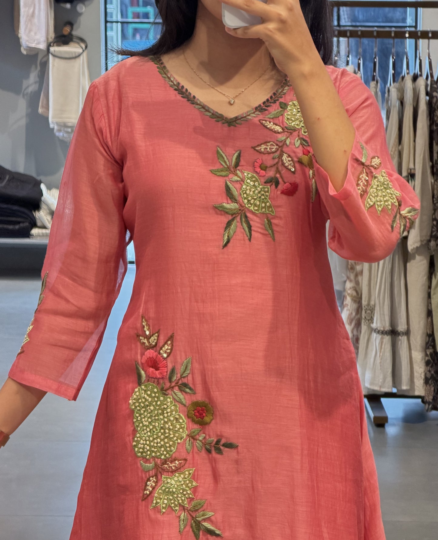 Coral Chanderi Suit Set with Zardosi Bloom