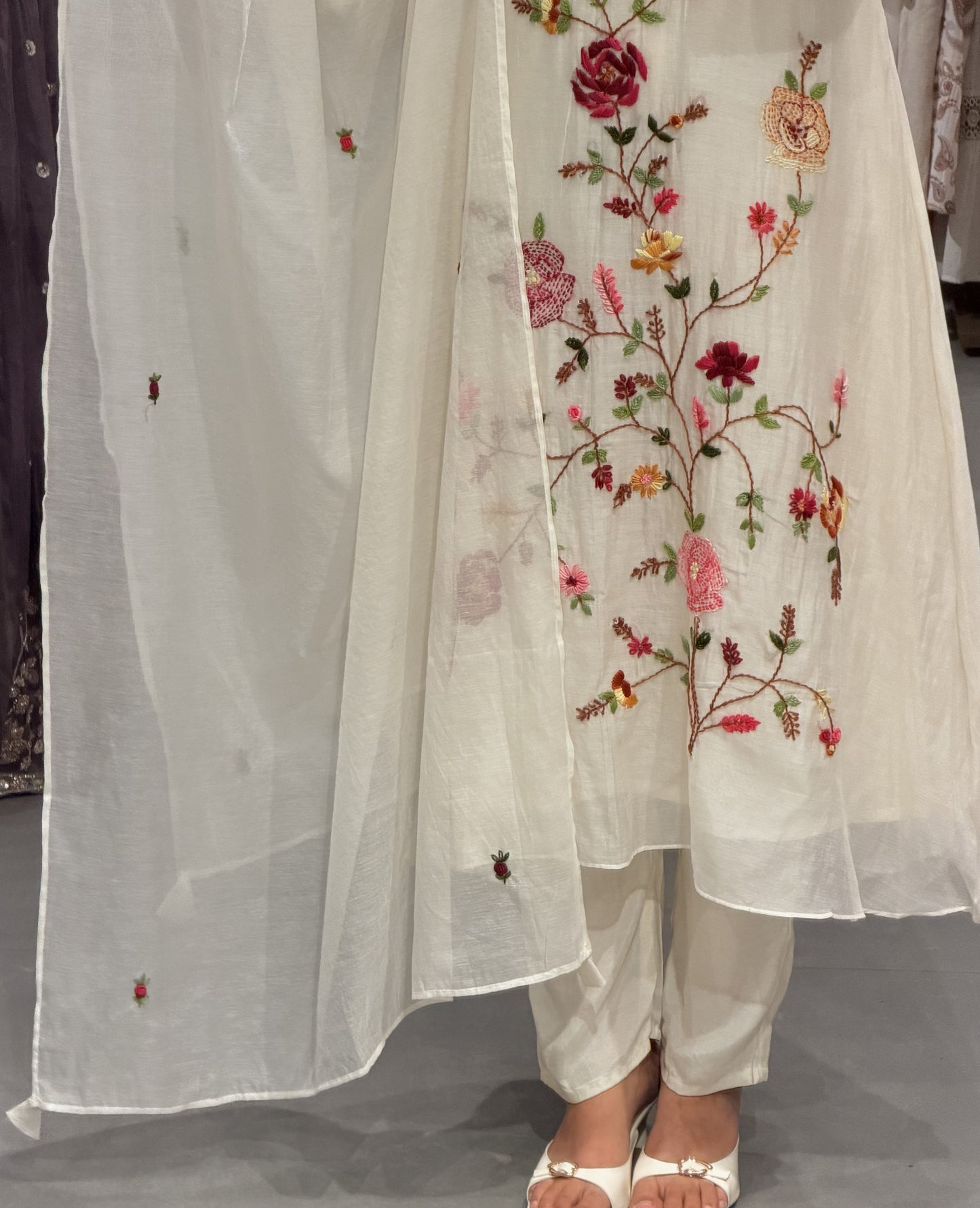 Ivory Floral-Embroidered Chanderi Suit Set
