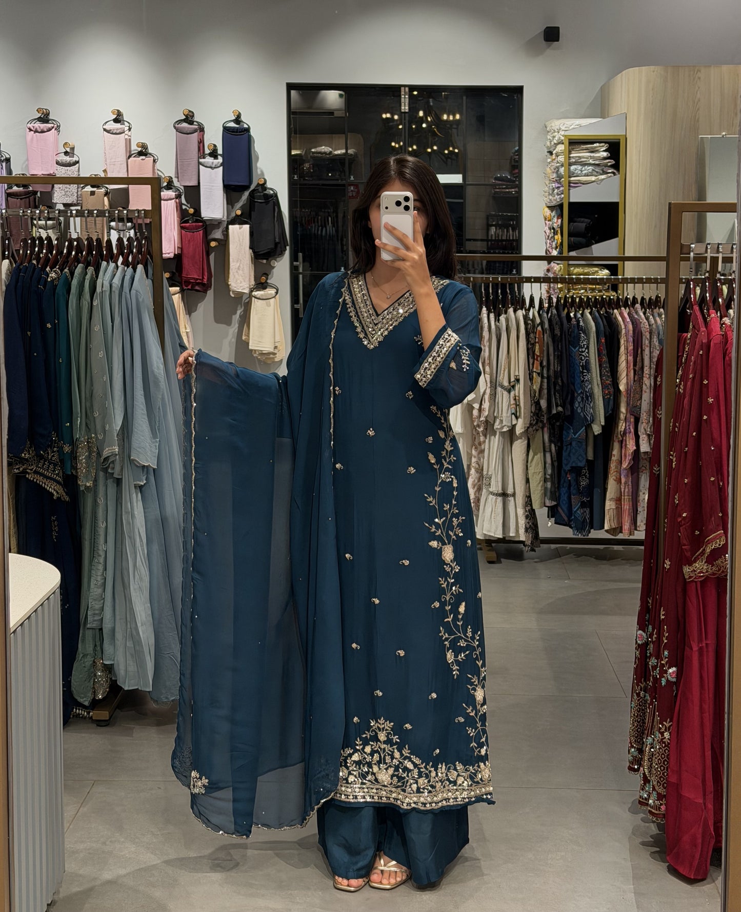White & Navy Organza Anarkali