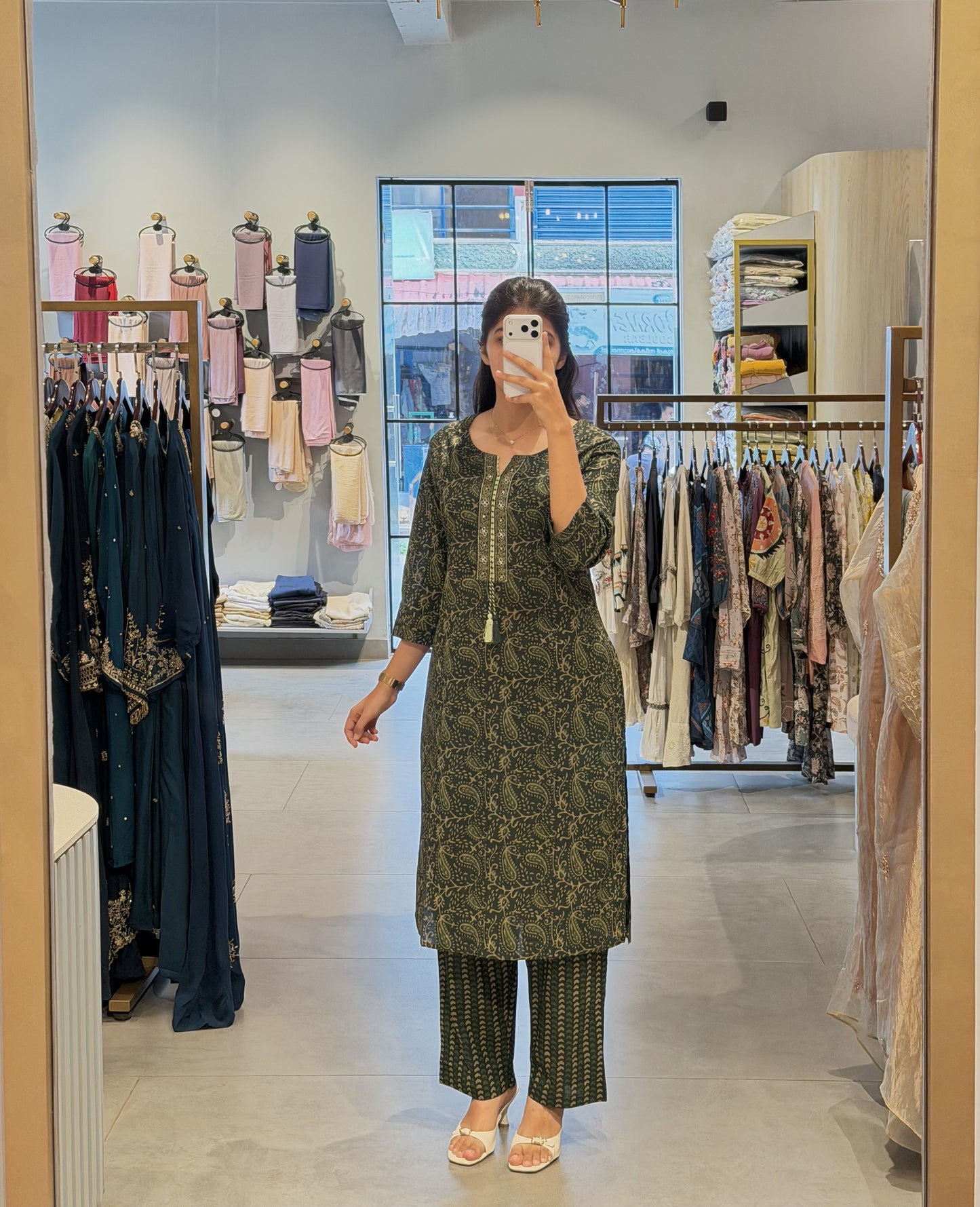 Forest-Green Block-Print Cotton Kurta Set