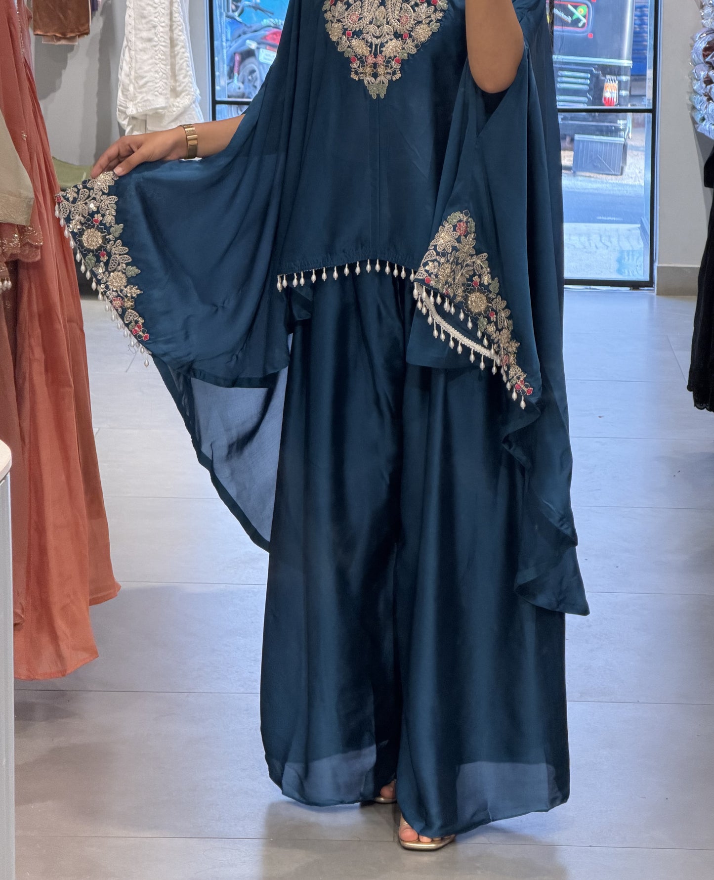 Teal Embroidered Upada Silk Kaftan Set