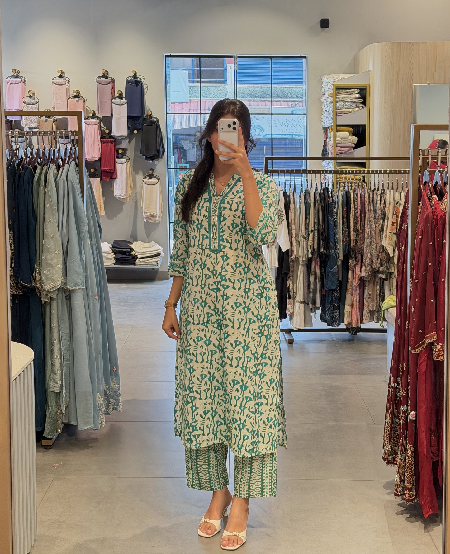 Sea-Green Block-Print Mul Cotton Suit Set
