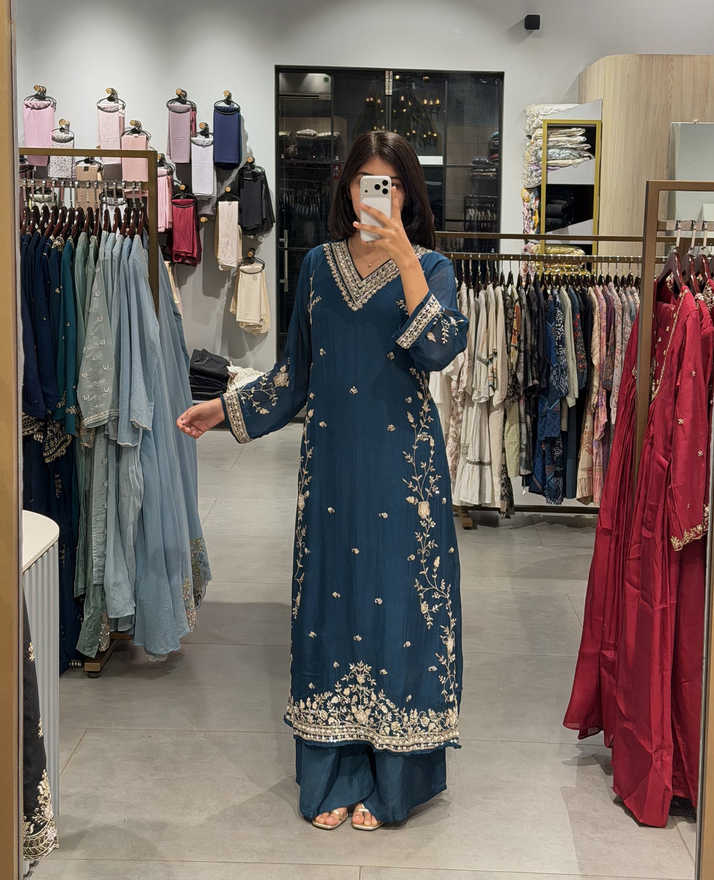 White & Navy Organza Anarkali