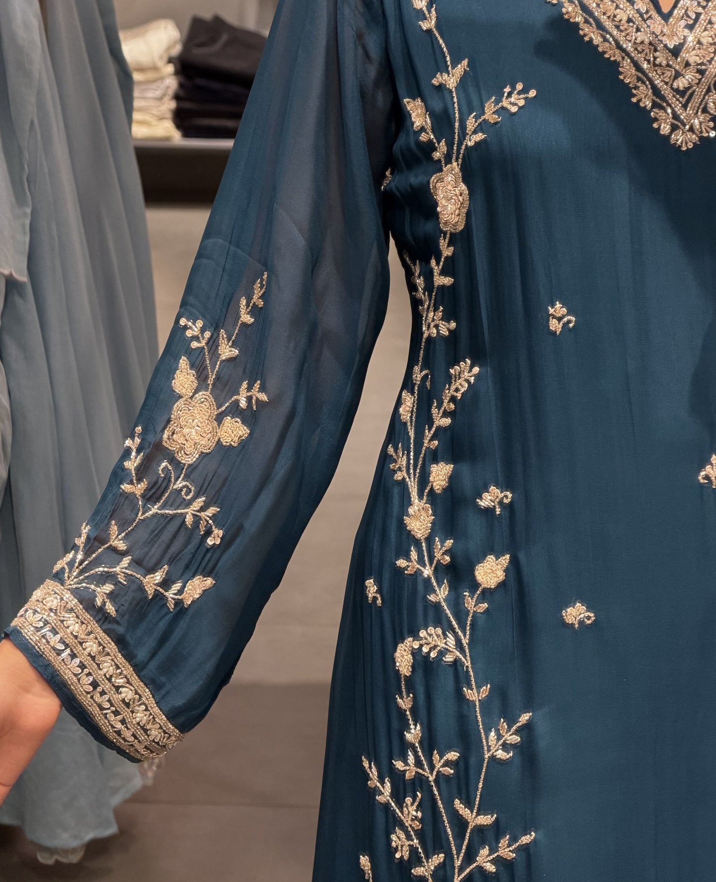 White & Navy Organza Anarkali