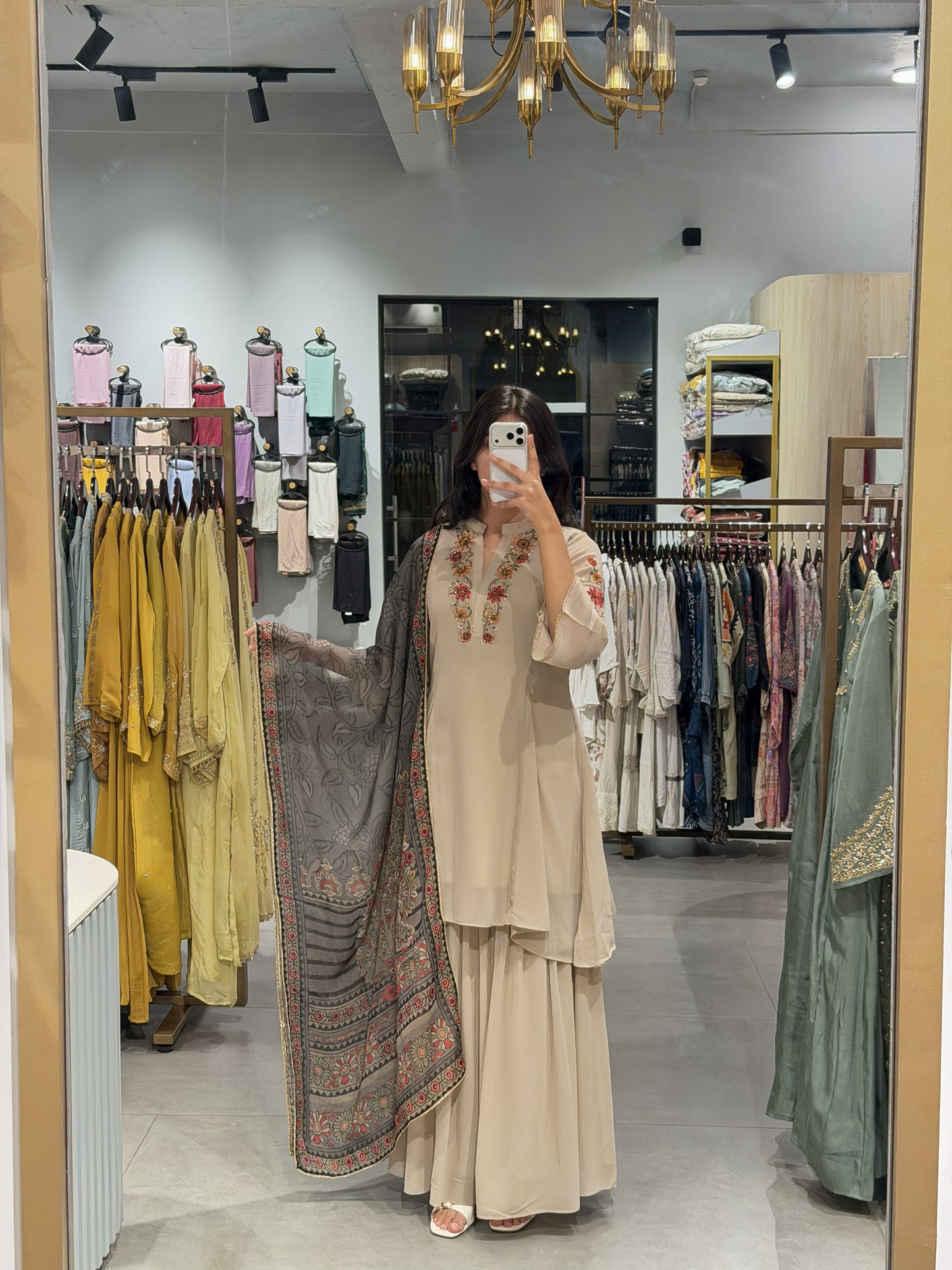 Cream Coloured Chiffon Suit Set with Floral Embroidery