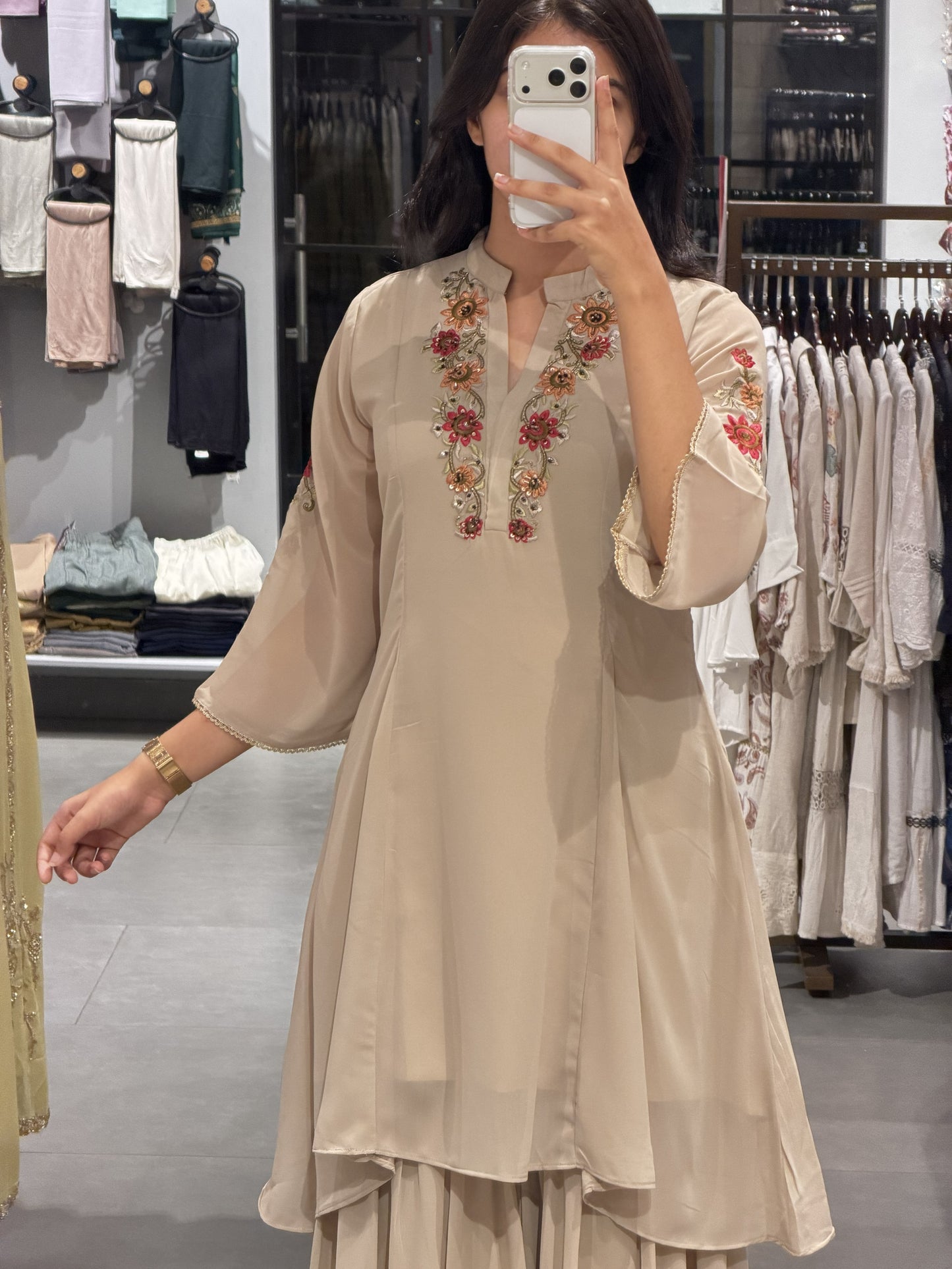 Cream Coloured Chiffon Suit Set with Floral Embroidery