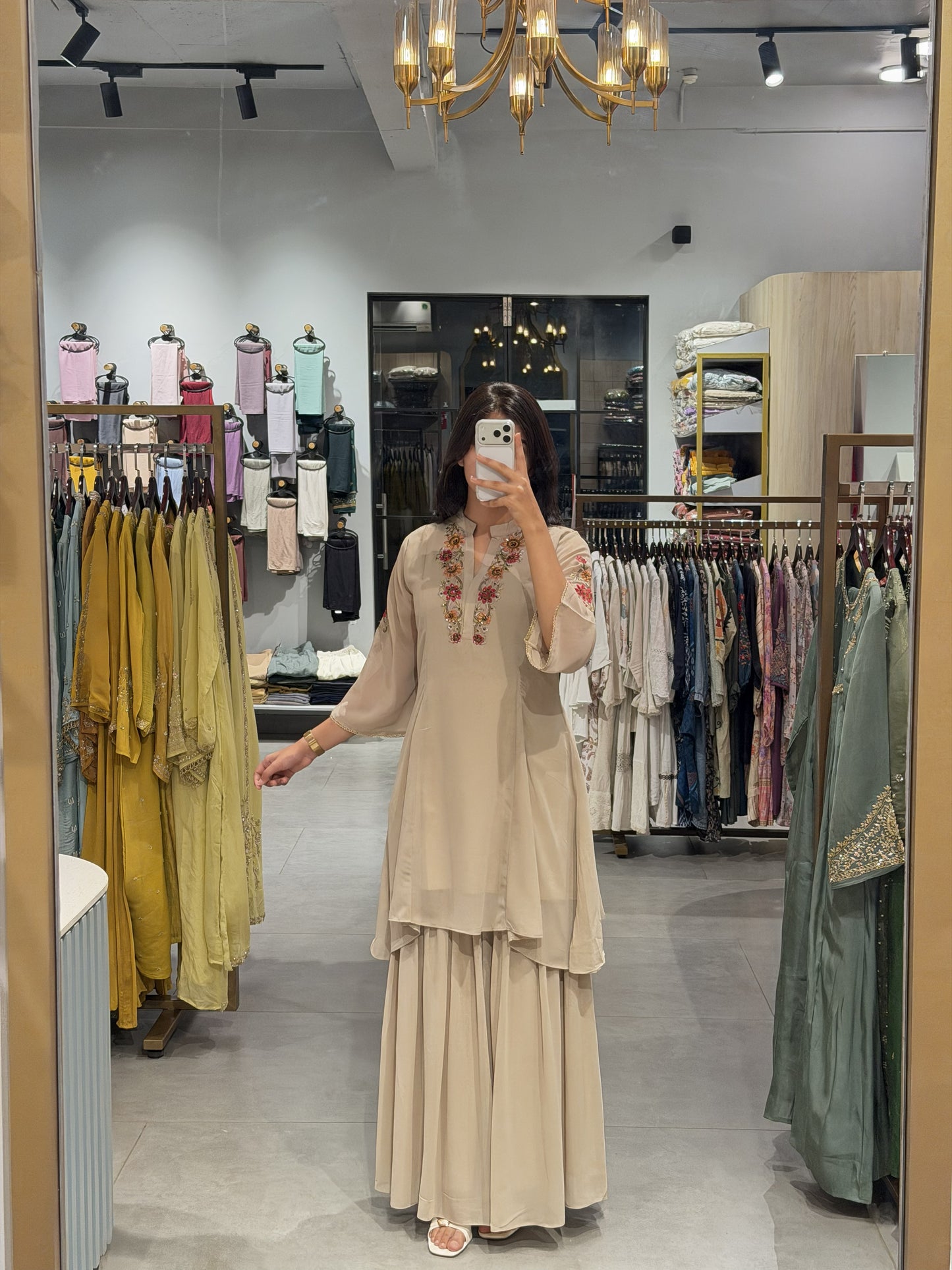 Cream Coloured Chiffon Suit Set with Floral Embroidery