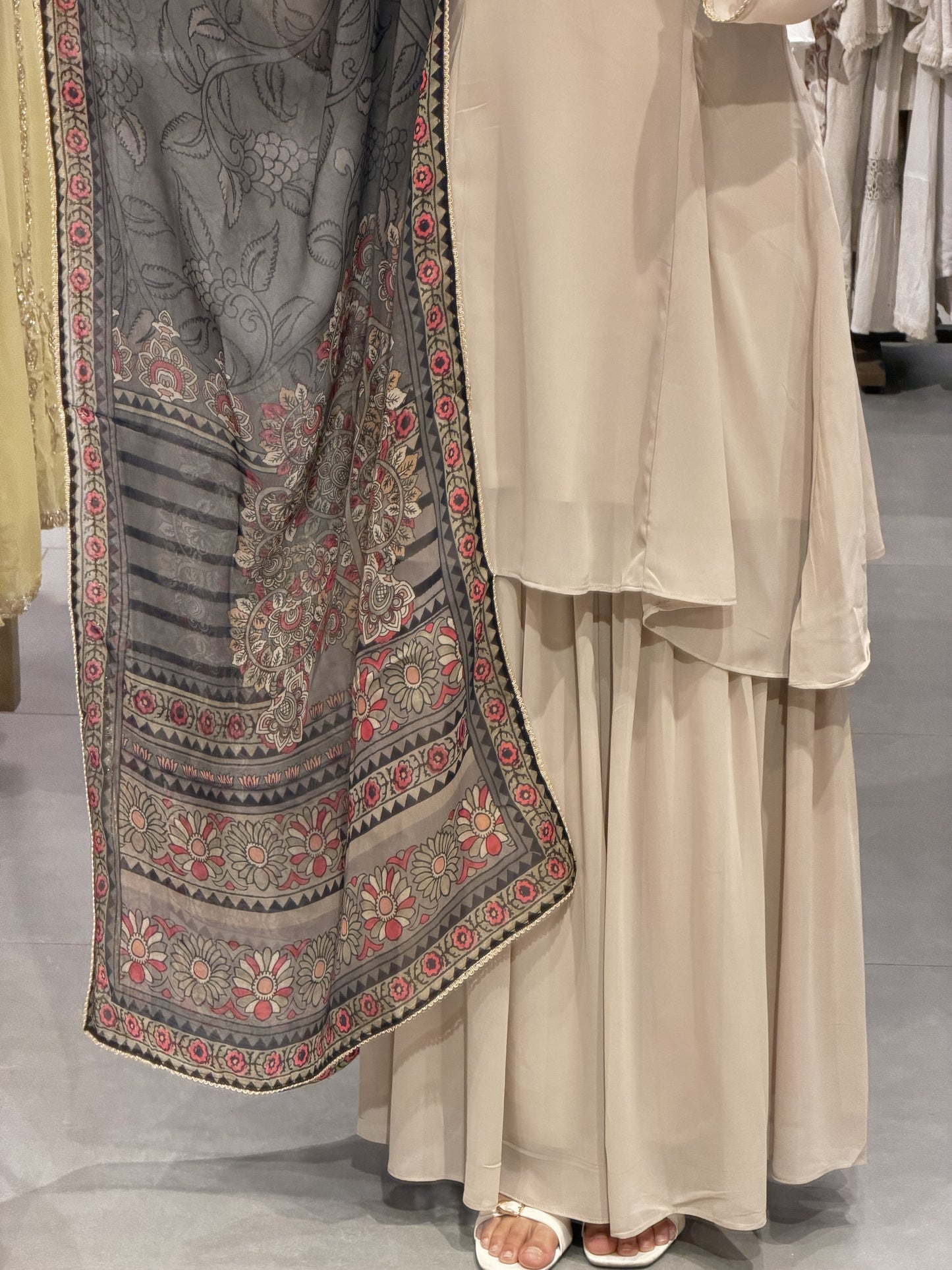 Cream Coloured Chiffon Suit Set with Floral Embroidery