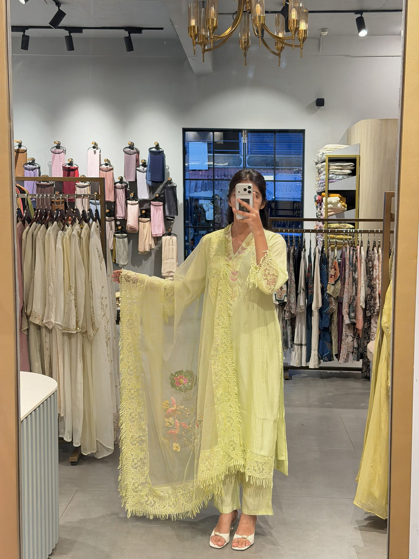 Pastel Green Chanderi Suit Set with Organza Shawl