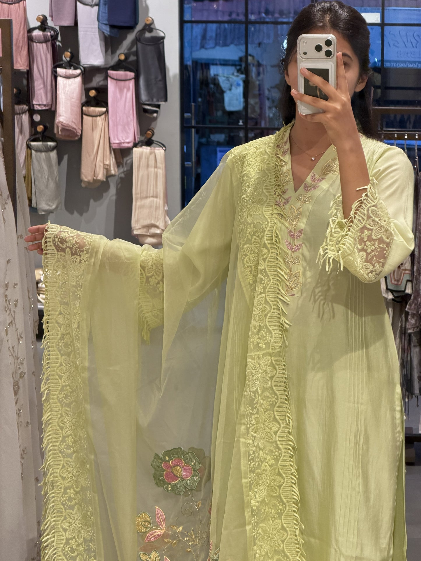 Pastel Green Chanderi Suit Set with Organza Shawl